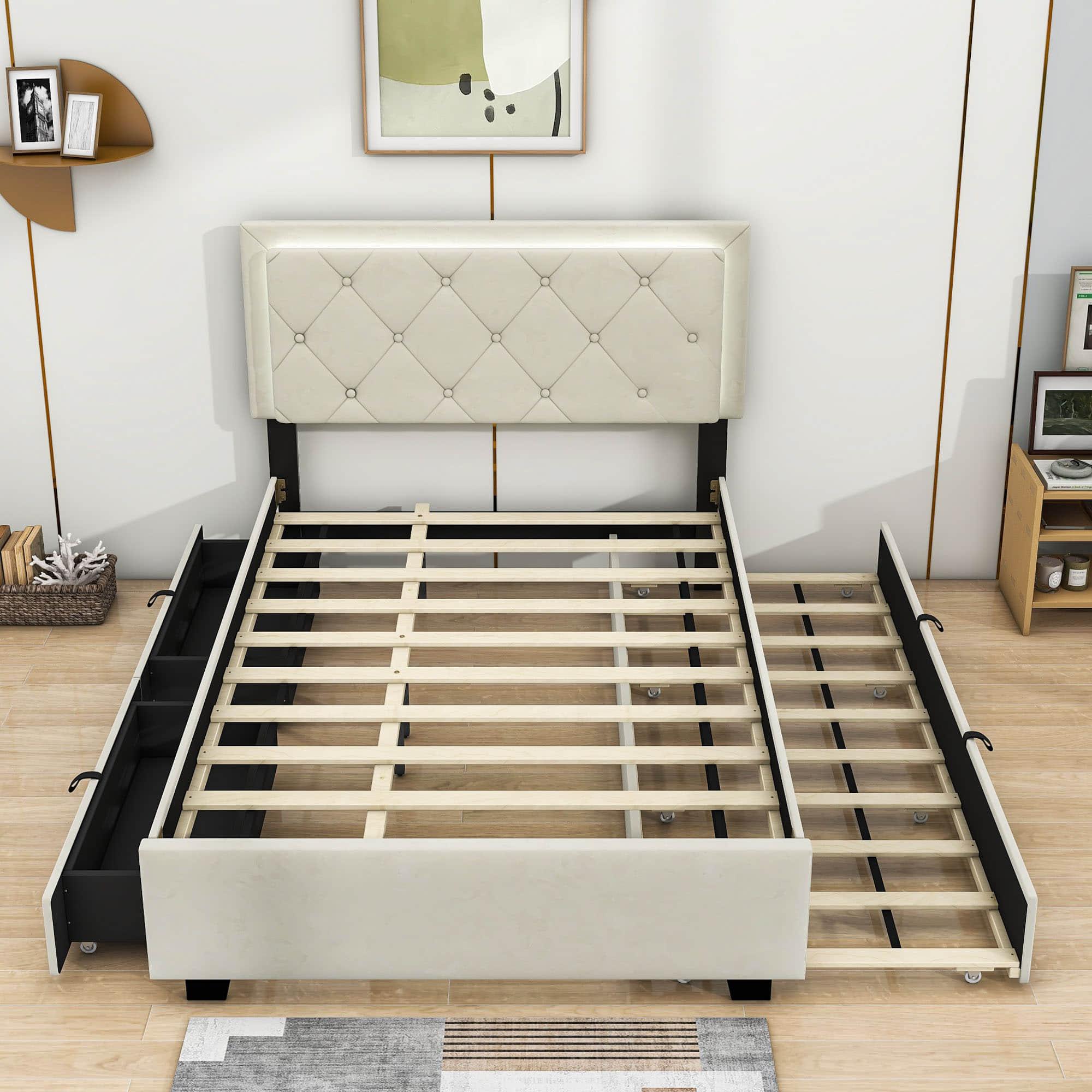 Full Velvet Upholstered Platform Bed Frame with Twin Trundle and Storage