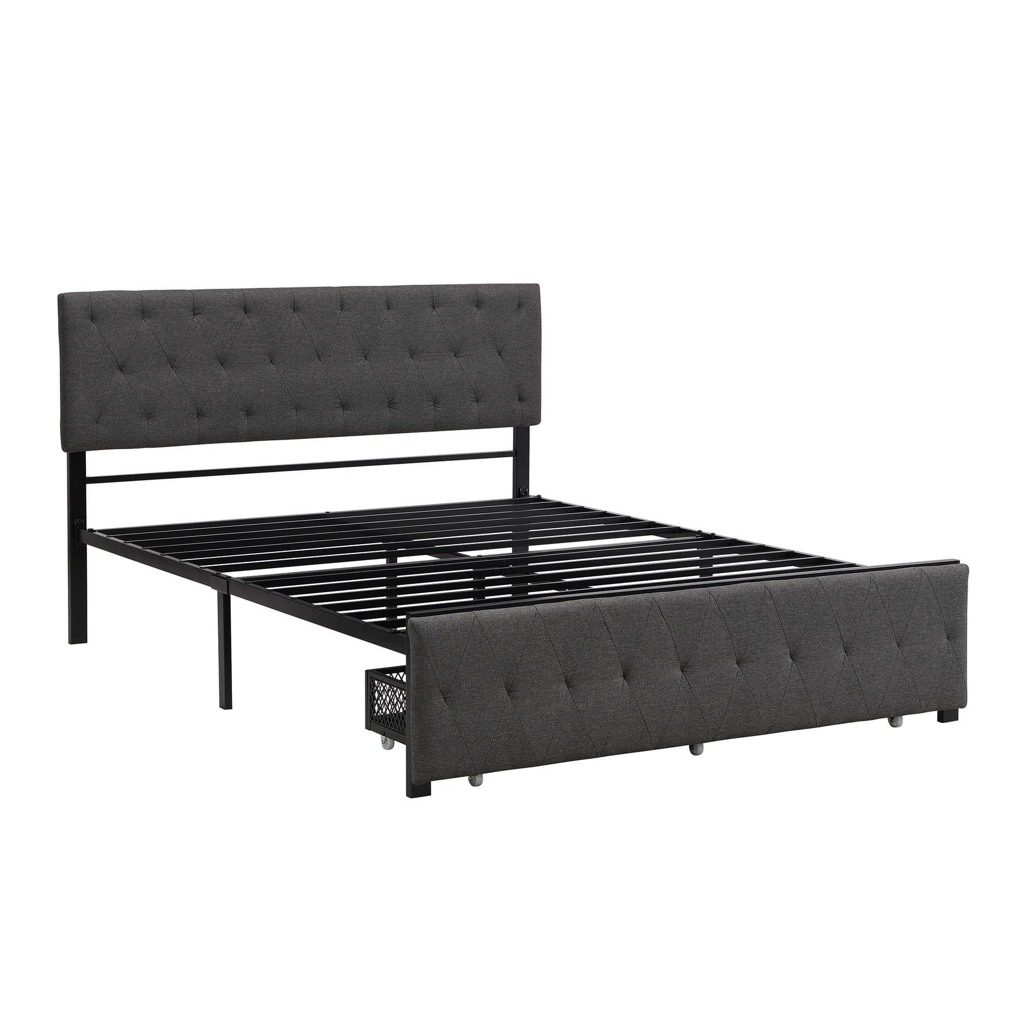 Metal Queen Size Upholstered Storage Bed with Headboard and Drawers