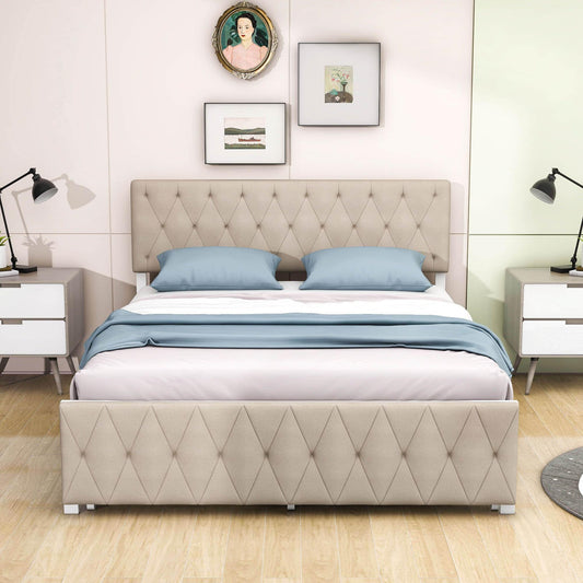 Metal Queen Size Upholstered Storage Bed with Headboard and Drawers