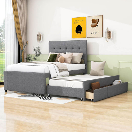 Full Size Linen Upholstered Platform Bed Frame with Storage and Trundle