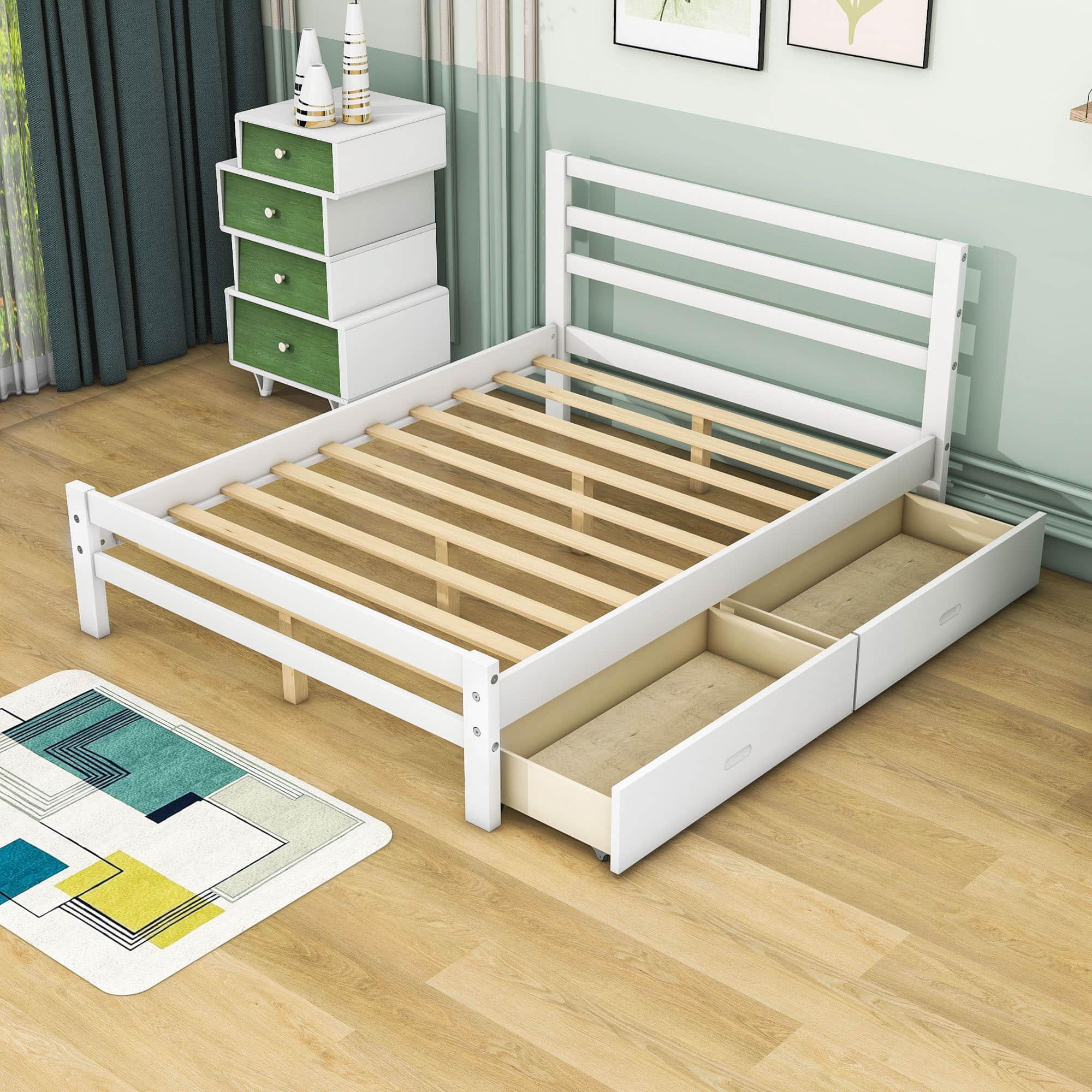 Full Size Wooden Platform Bed with Storage Drawers and Headboard