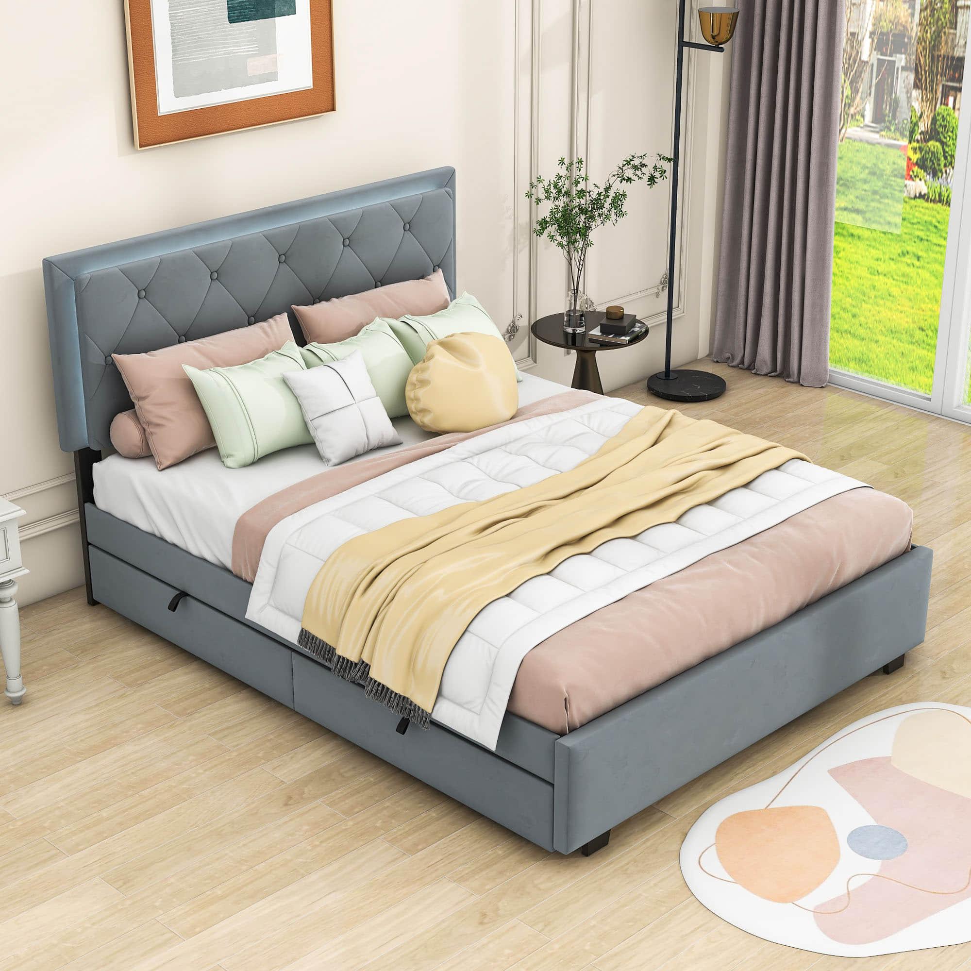 Queen Velvet Upholstered Platform Bed Frame with Twin XL Trundle and Storage