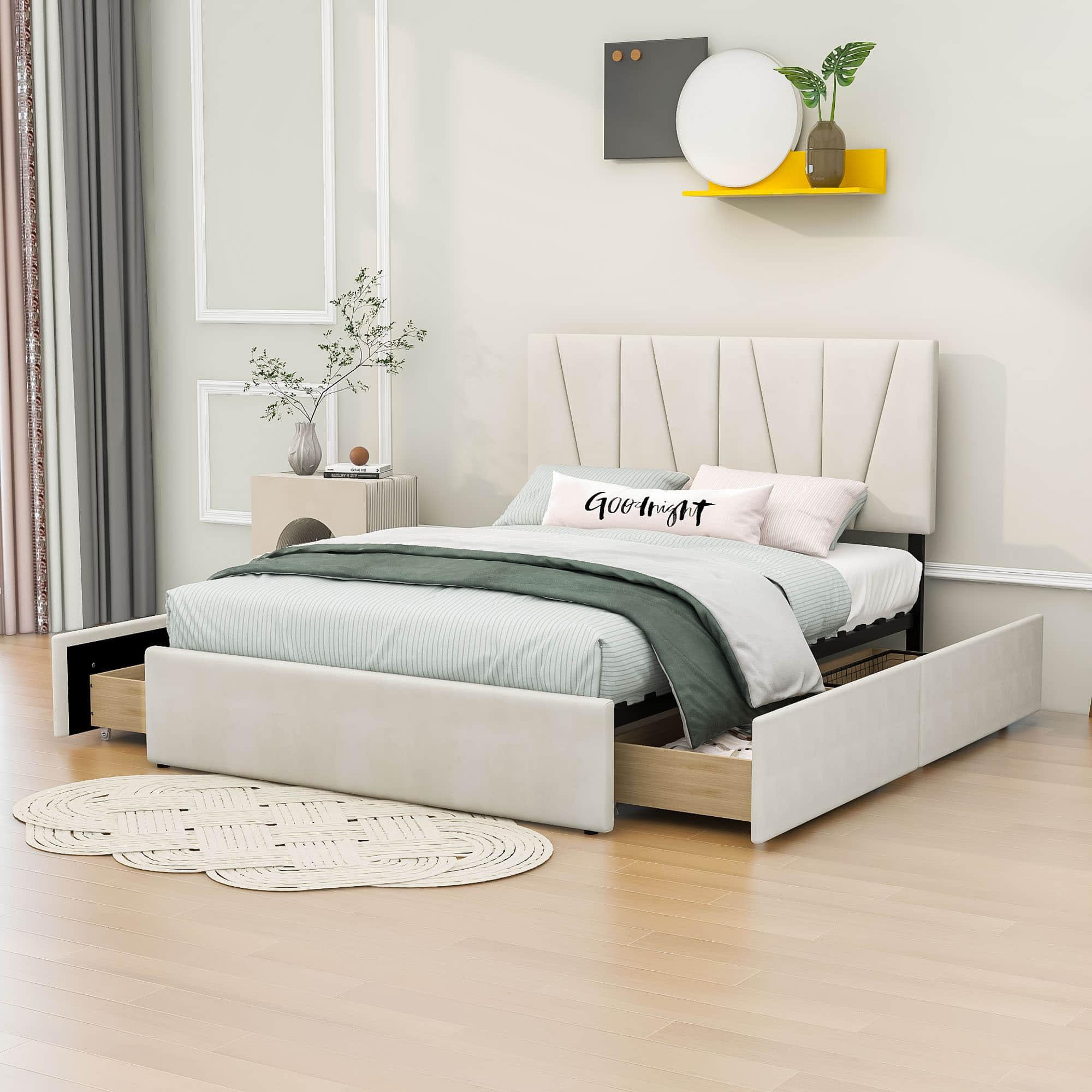 Upholstered Full Size Platform Bed with Headboard and Storage - [4 Drawers, Velvet]