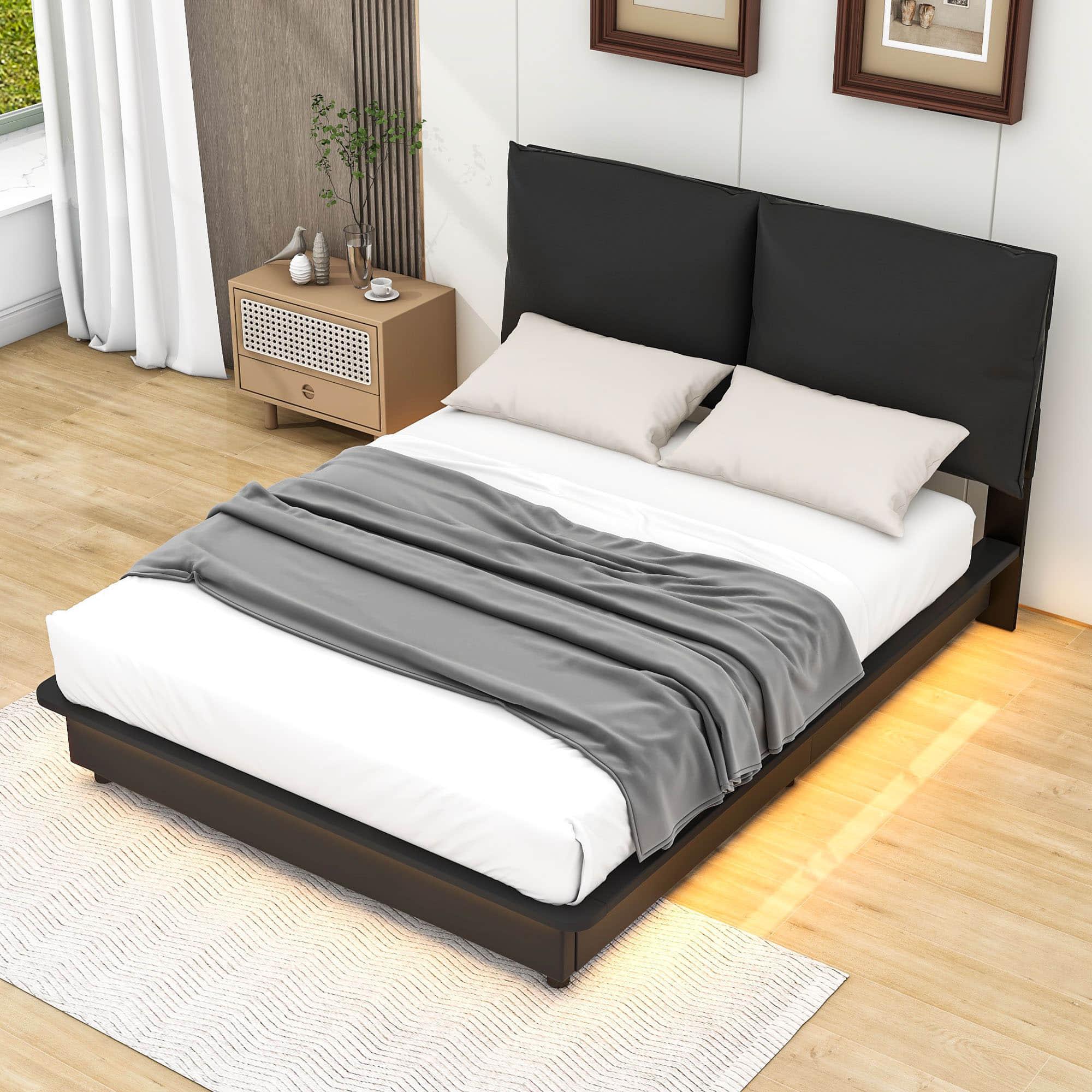 Modern Full Size Upholstered Platform Bed Frame with Headboard LED Lights