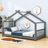 Wooden Twin Low House Bed Frame for Toddler, Kids