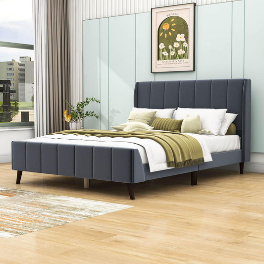 Modern Velvet Upholstered Queen Bed Frame with Wingback Headboard