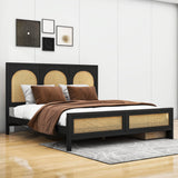 Queen Size Wood Platform Bed with Storage and Rattan Headboard