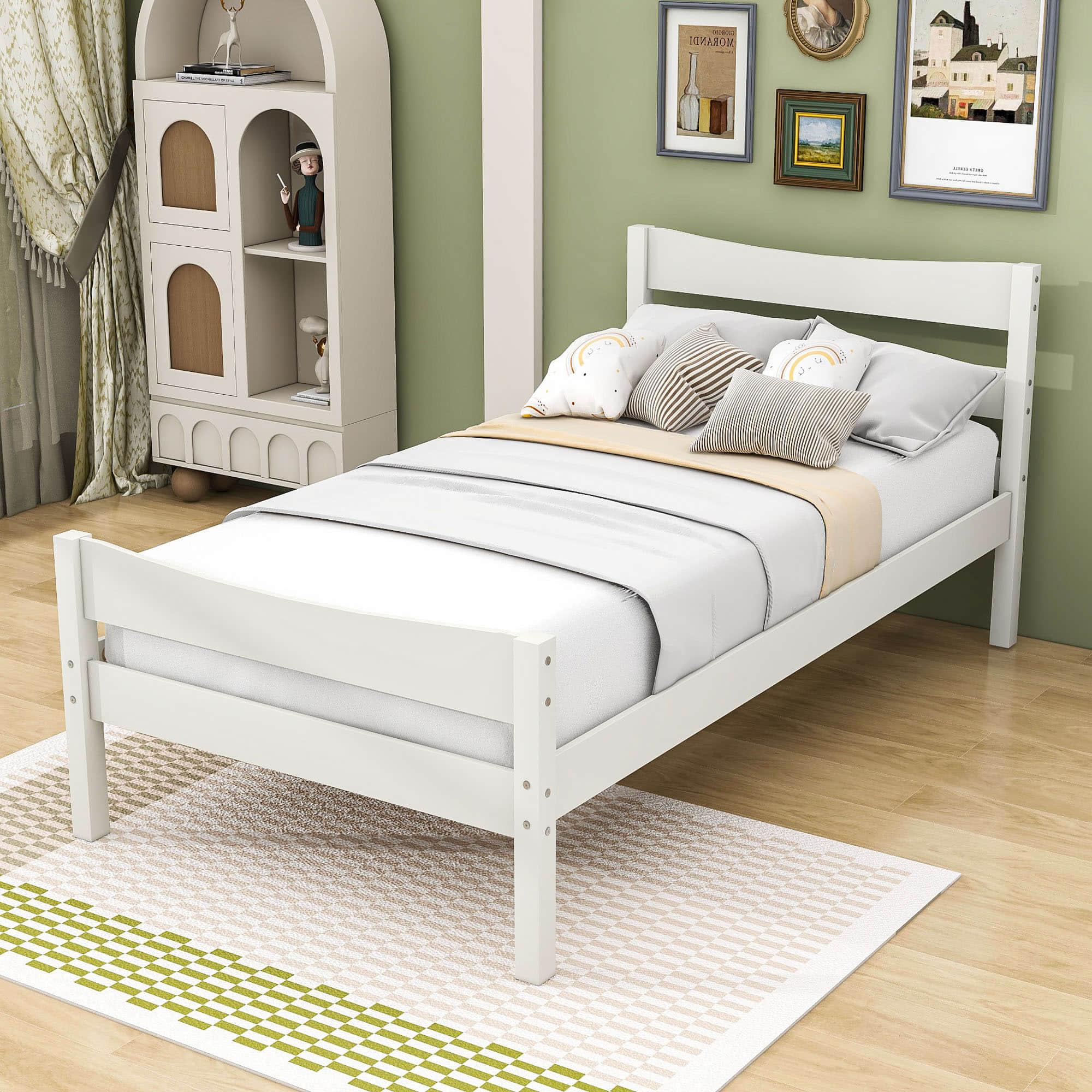 Kids Twin Wooden Platform Bed with Headboard