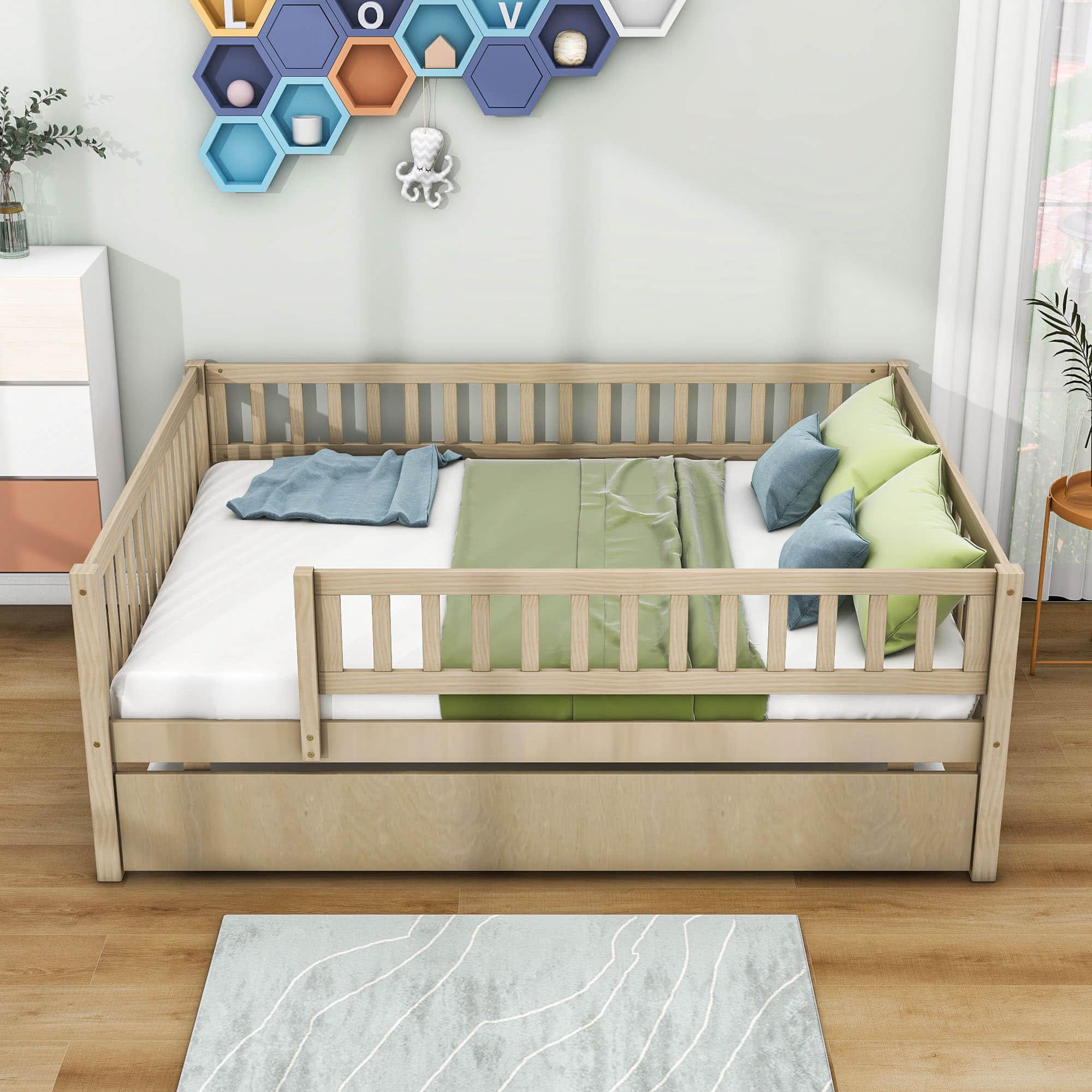 Wooden Full Size Low Kids Bed with Twin Size Trundle and Rails