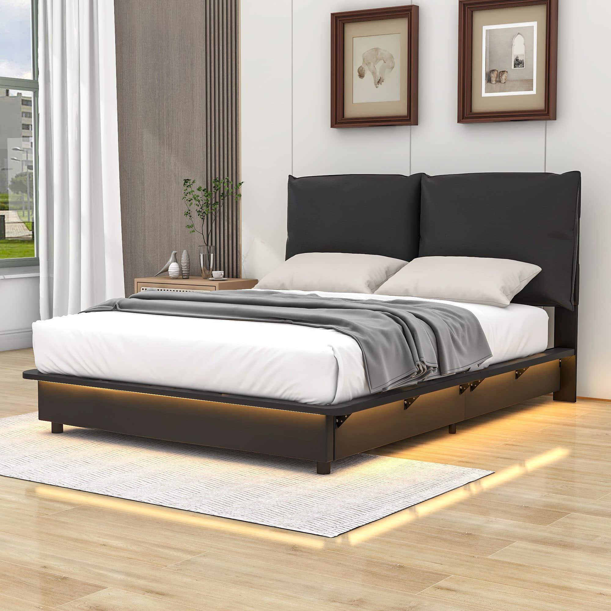 Modern Full Size Upholstered Platform Bed Frame with Headboard LED Lights