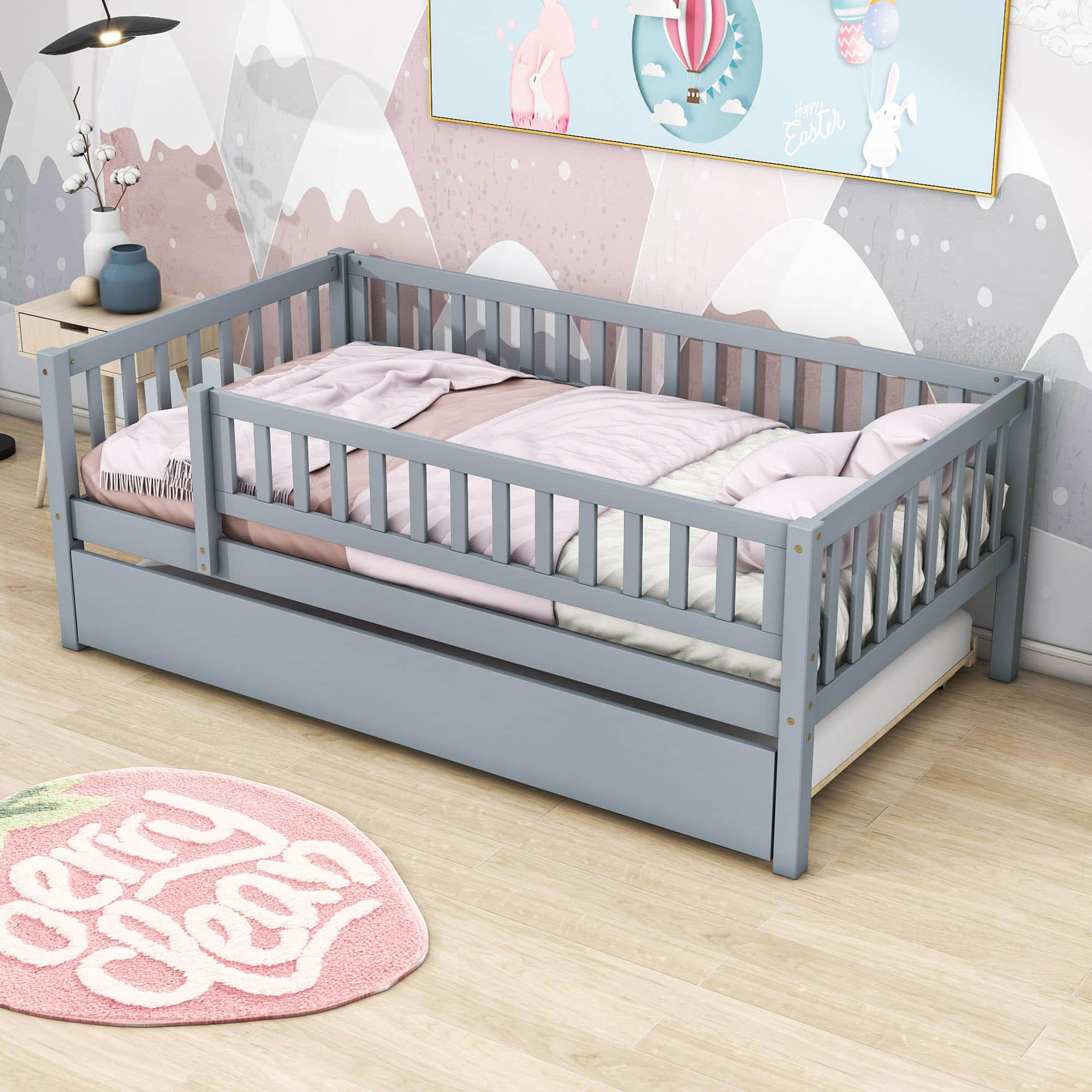 Wooden Twin Low Kids Bed with Twin Size Trundle and Rails