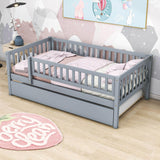 Wooden Twin Low Kids Bed with Twin Size Trundle and Rails