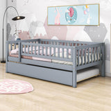 Wooden Twin Low Kids Bed with Twin Size Trundle and Rails