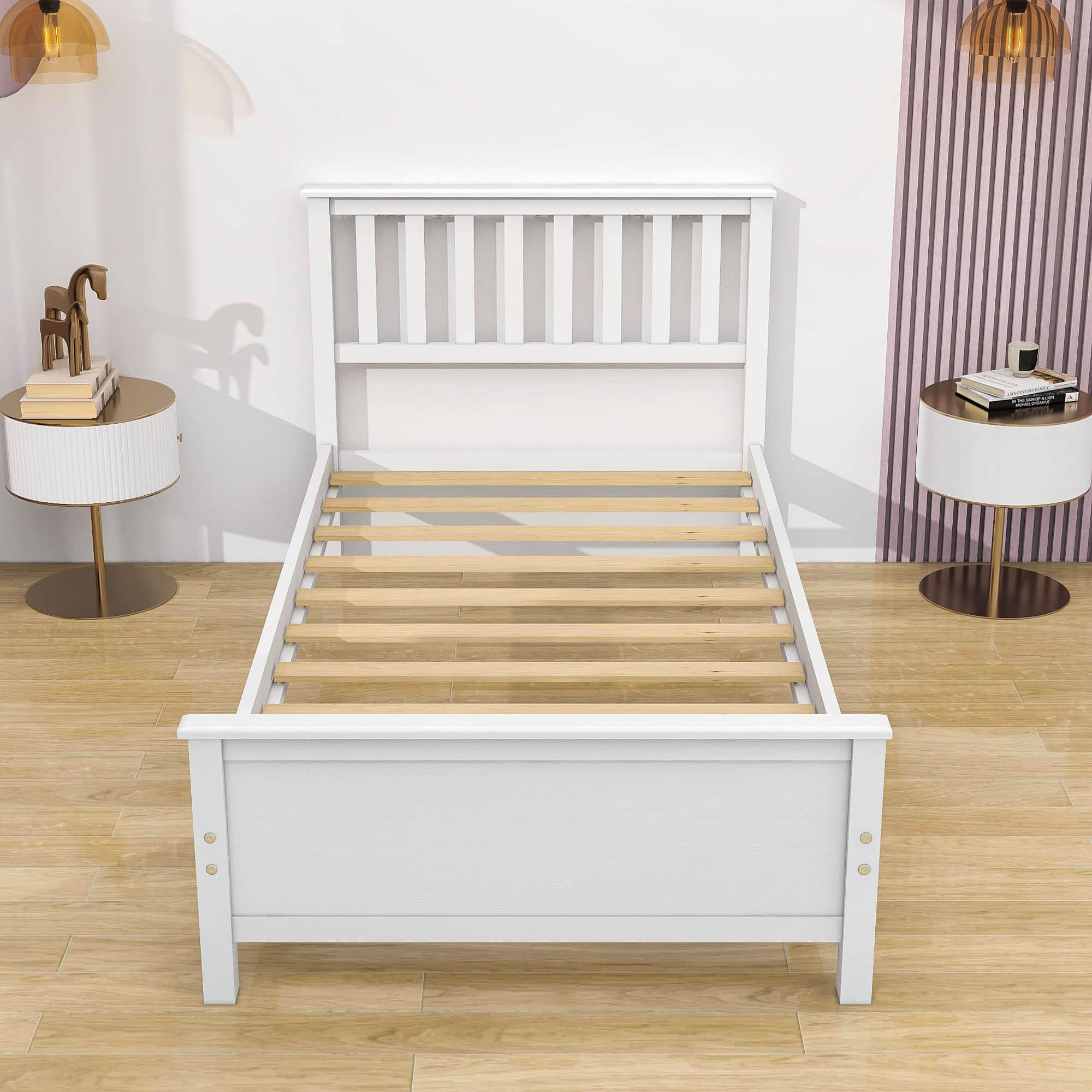 Wooden Twin Platform Bed with Headboard for Kids, Adult