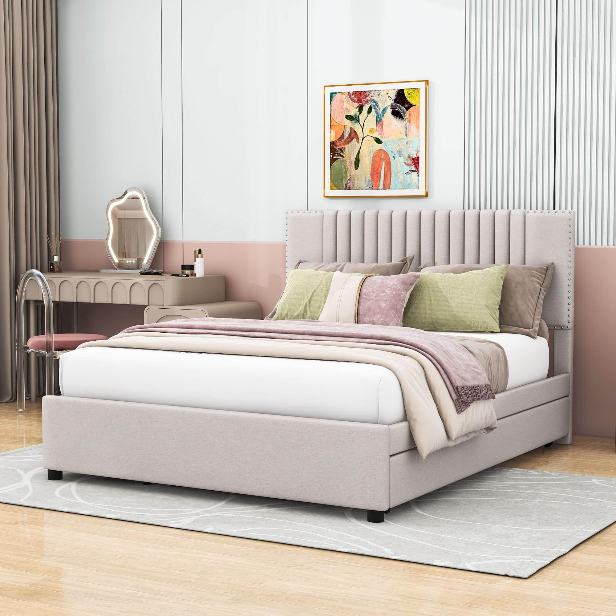 Upholstered Full Size Platform Bed Frame with Storage and Twin Trundle - [Drawers, Headboard]