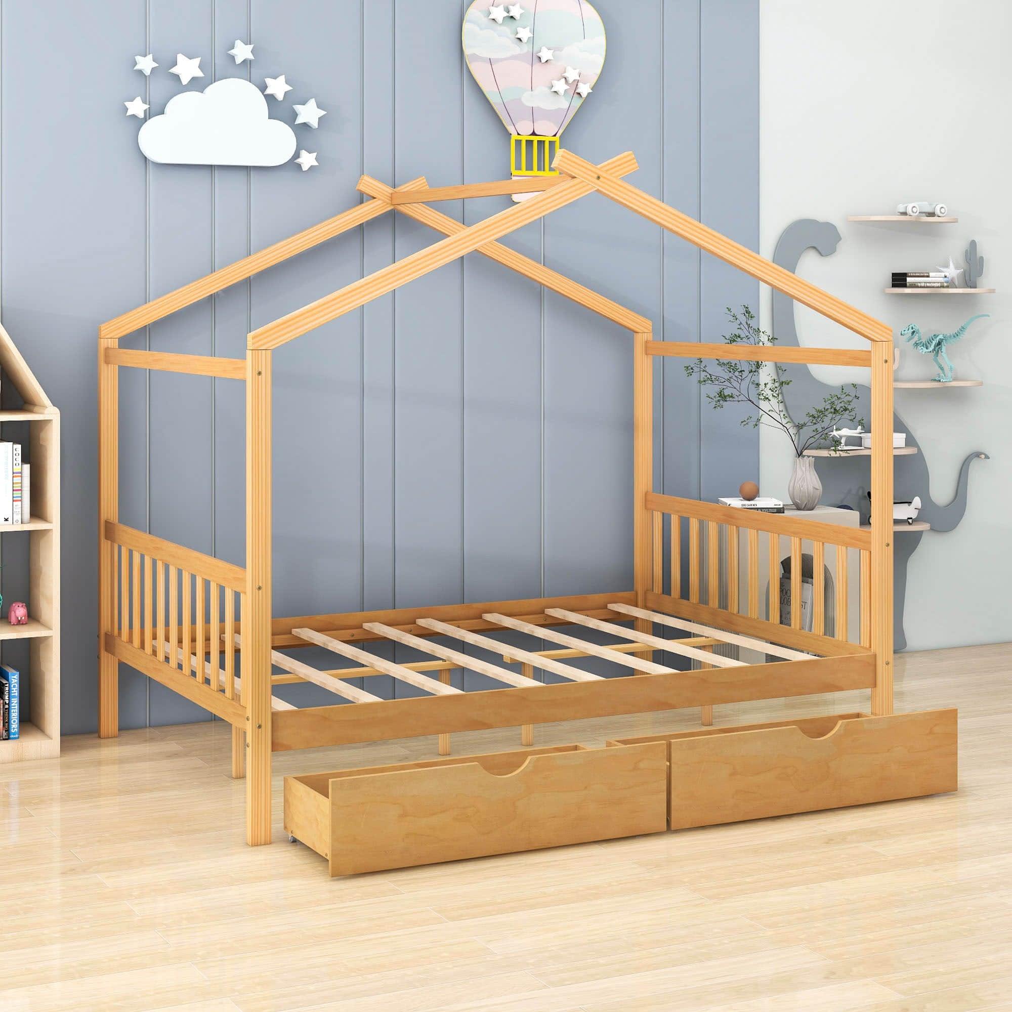 Modern Kids Full Size House Platform Bed with Storage and Headboard - [Drawers]