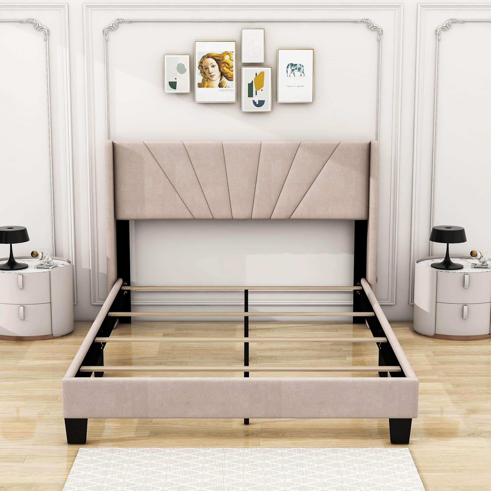 Queen Size Velvet Upholstered Platform Bed Frame with Headboard