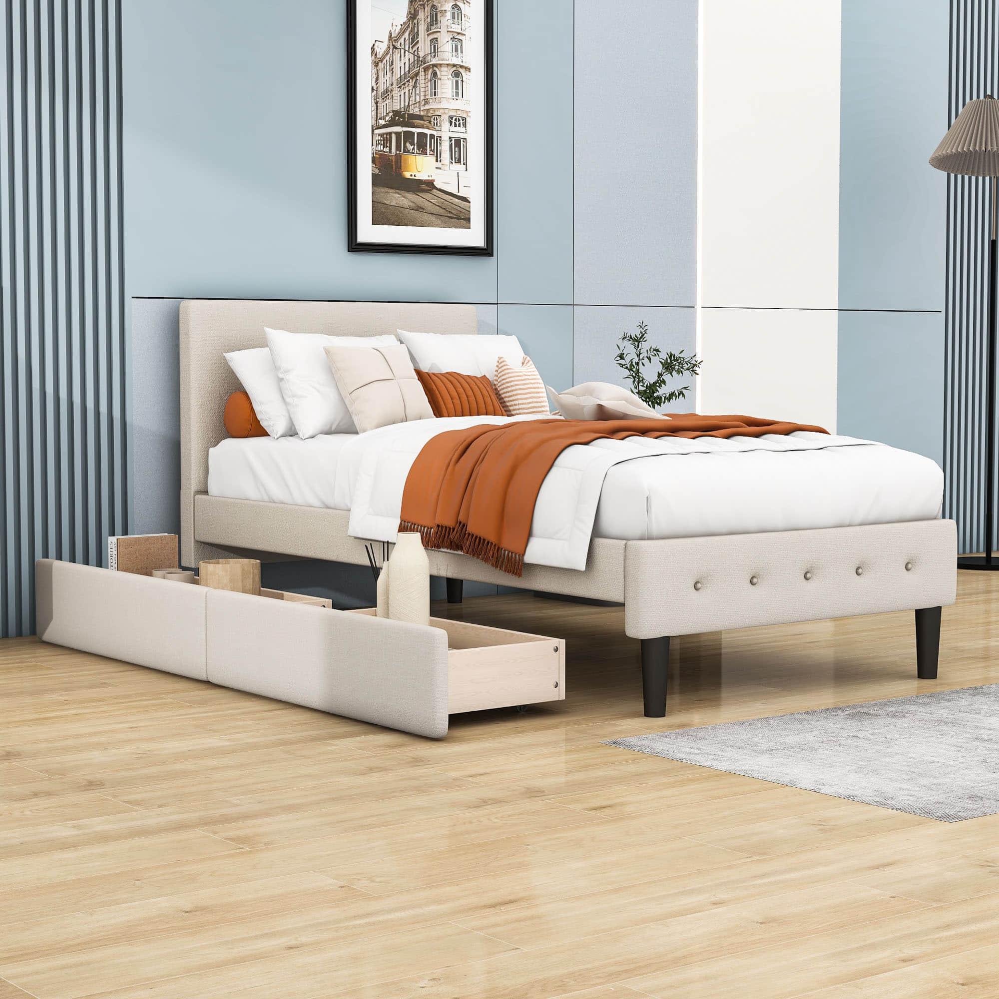 Modern Twin Size Upholstered Platform Bed with Under Bed Storage Drawers