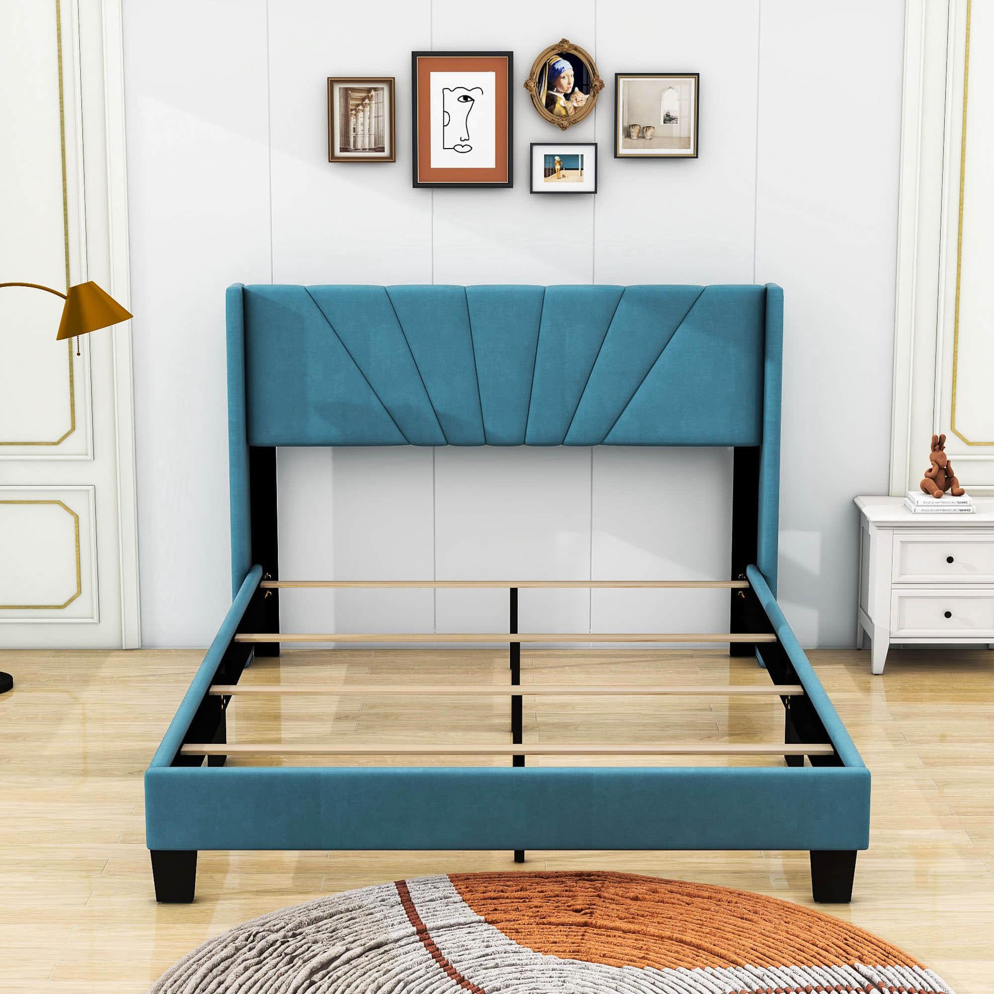 Queen Size Velvet Upholstered Platform Bed Frame with Headboard