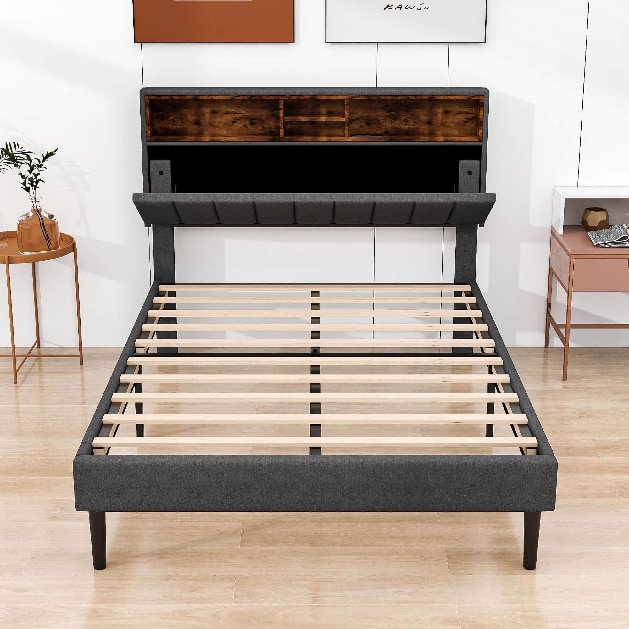 Mid-Century Modern Full Size Upholstered Platform Bed Frame with Storage