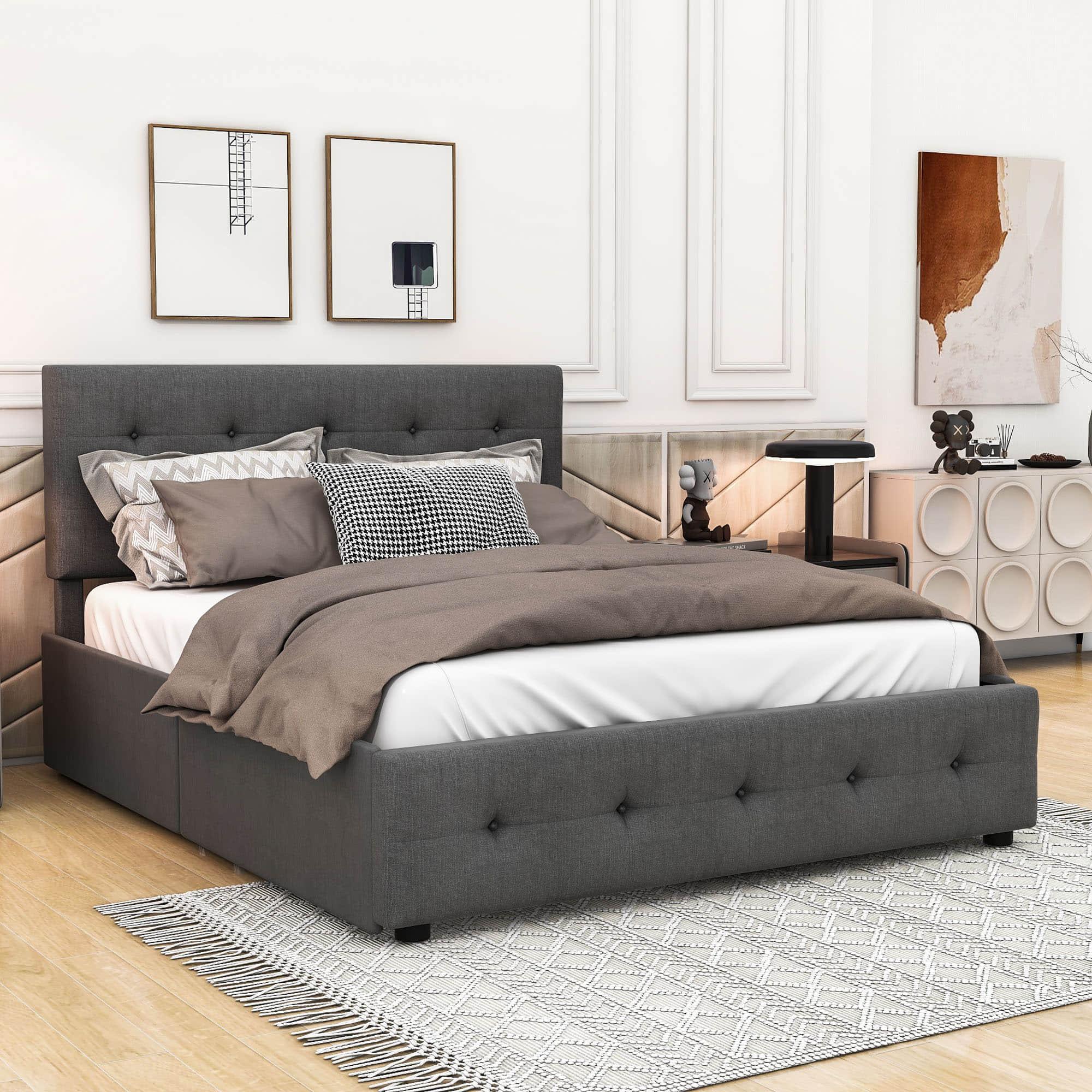 Upholstered Queen Size Platform Bed with Storage and Twin XL Trundle - [Headboard]