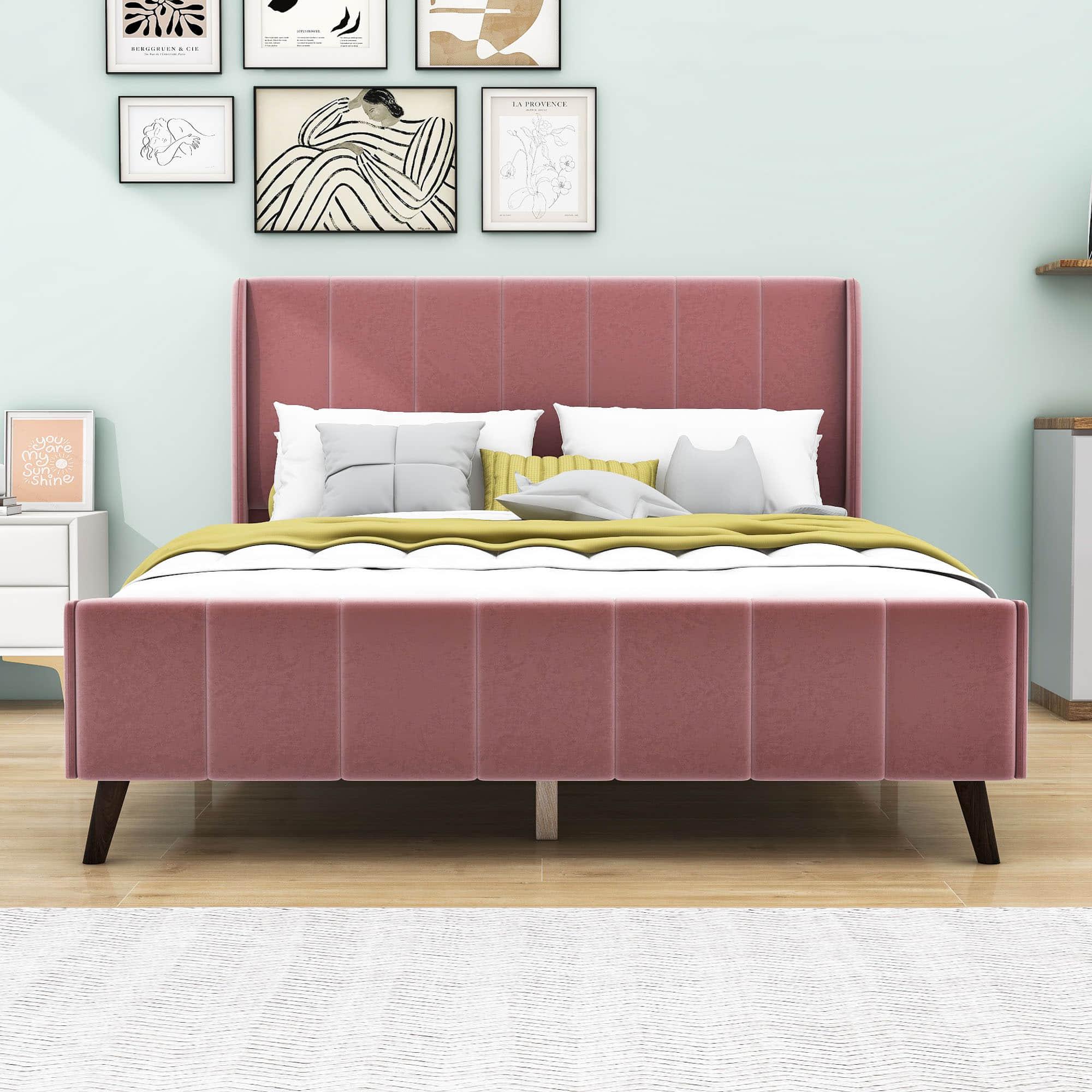 Modern Velvet Upholstered Queen Bed Frame with Wingback Headboard