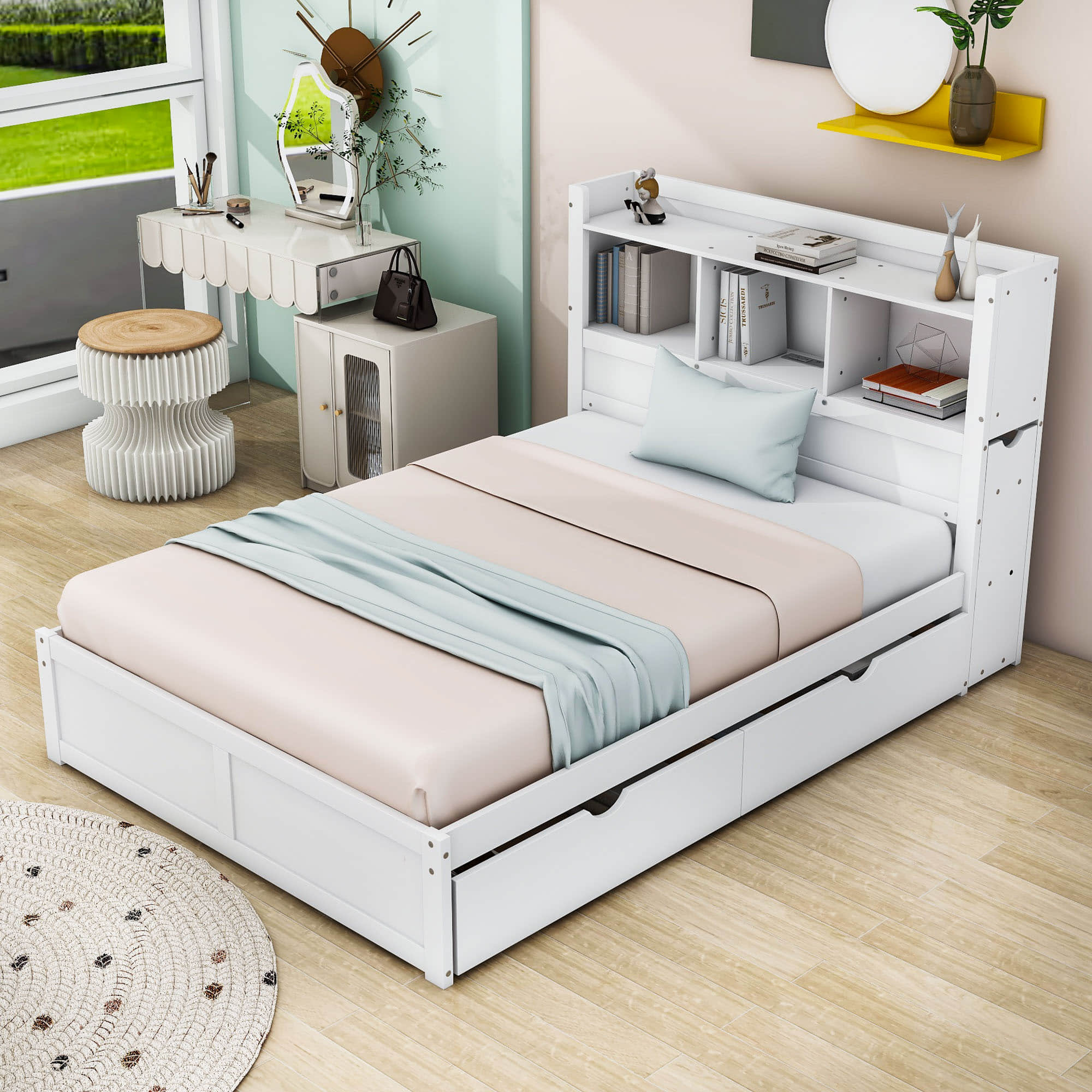 Full Platform Bed Frame with Twin Trundle Bed and Storage Headboard