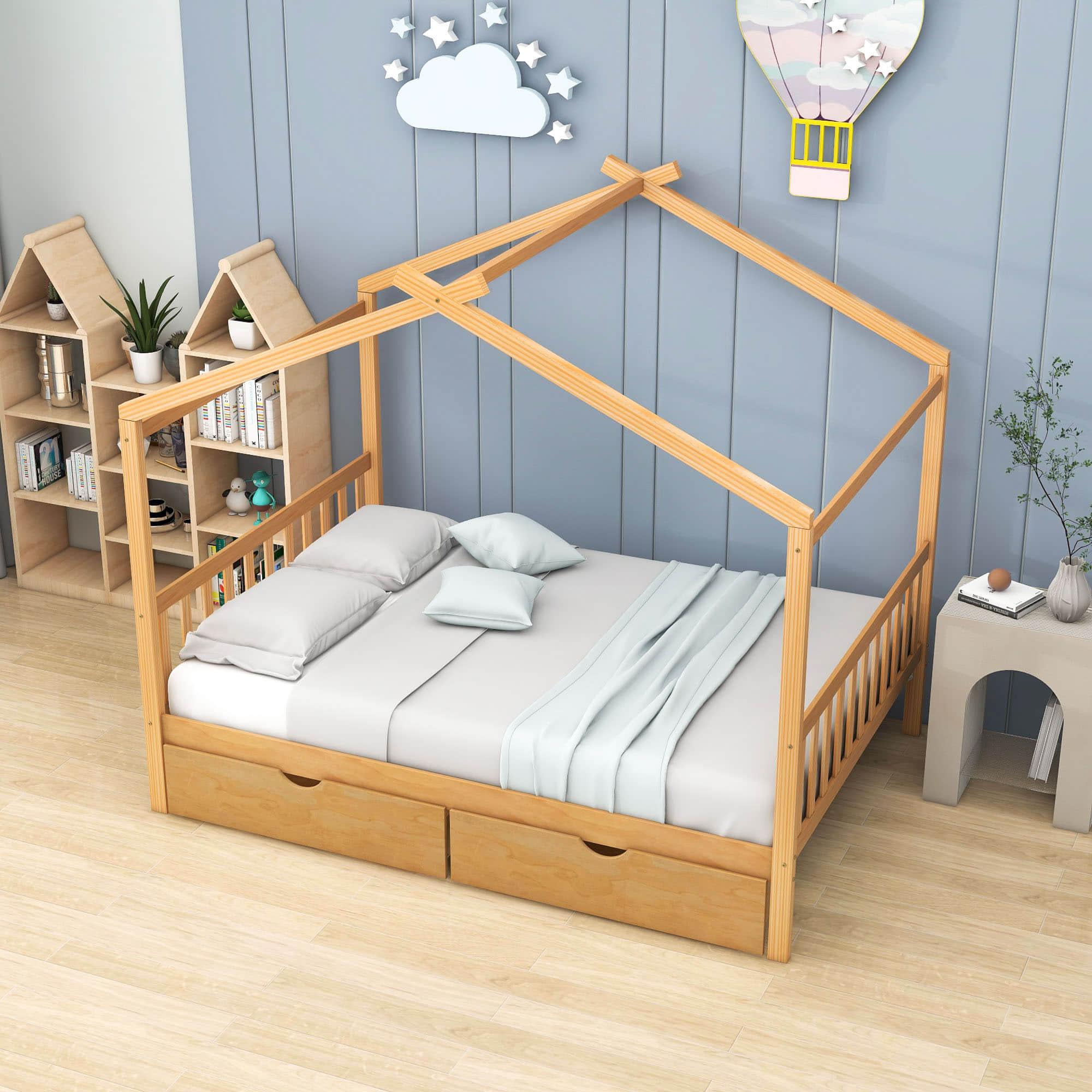 Modern Kids Full Size House Platform Bed with Storage and Headboard - [Drawers]