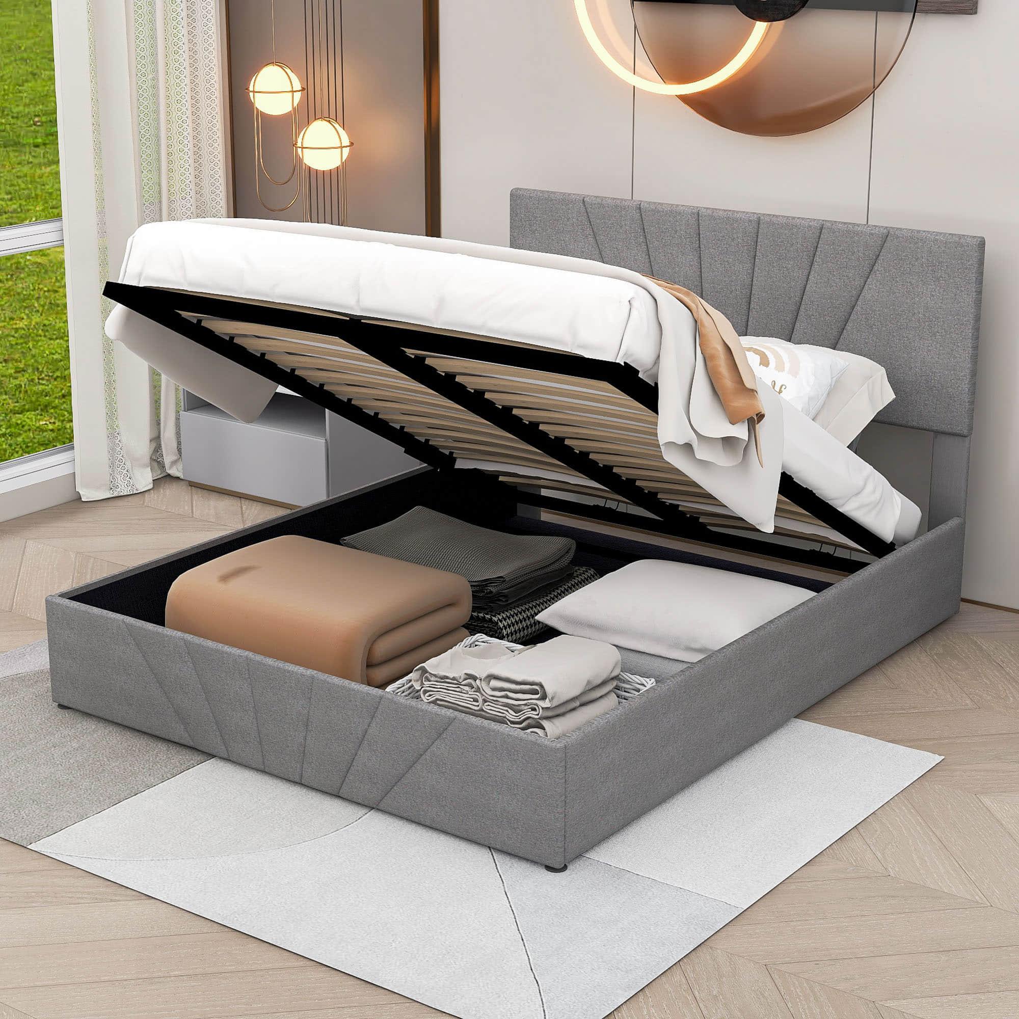 Upholstered Queen Size Platform Bed with Headboard and Hydraulic Storage System