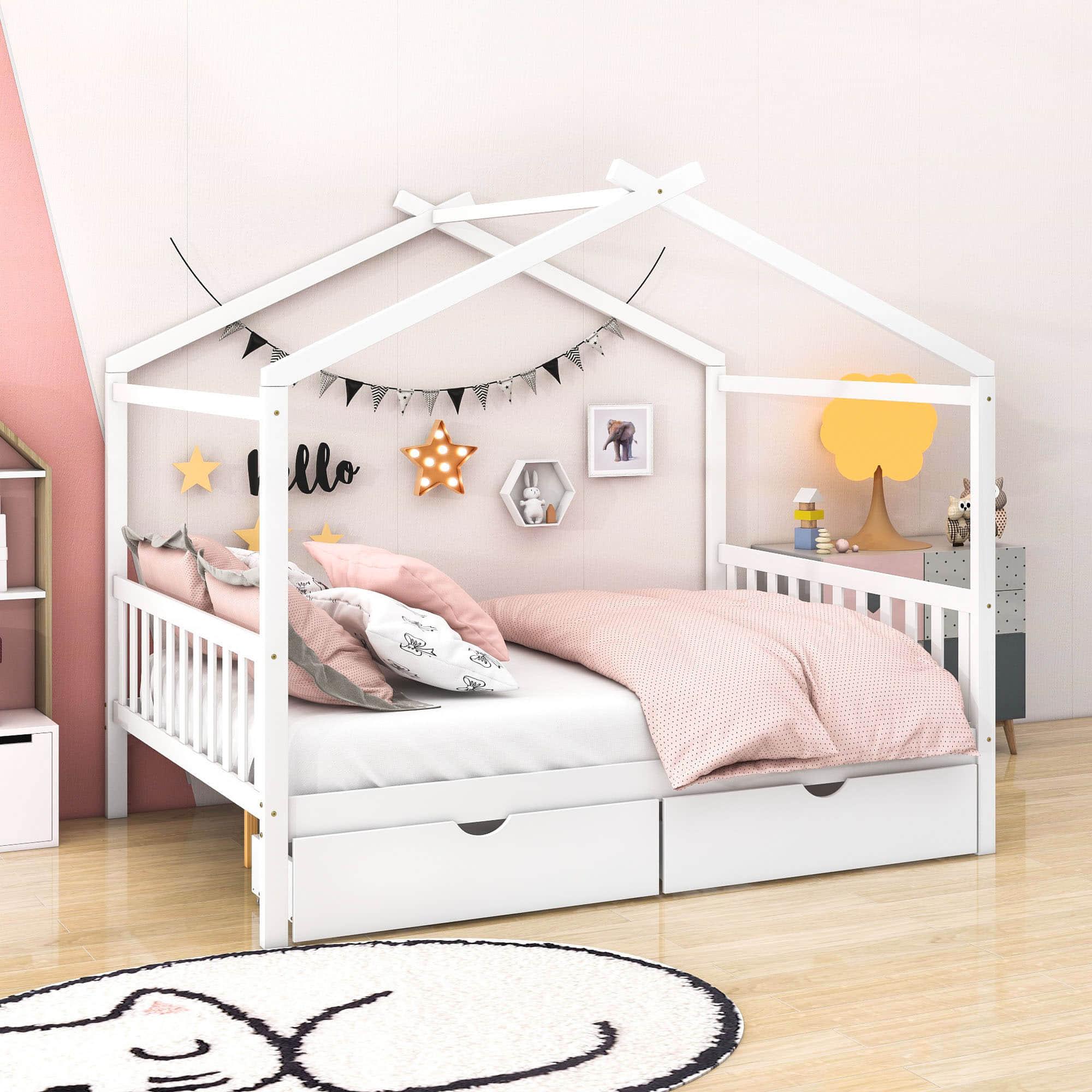 Modern Kids Full Size House Platform Bed with Storage and Headboard - [Drawers]