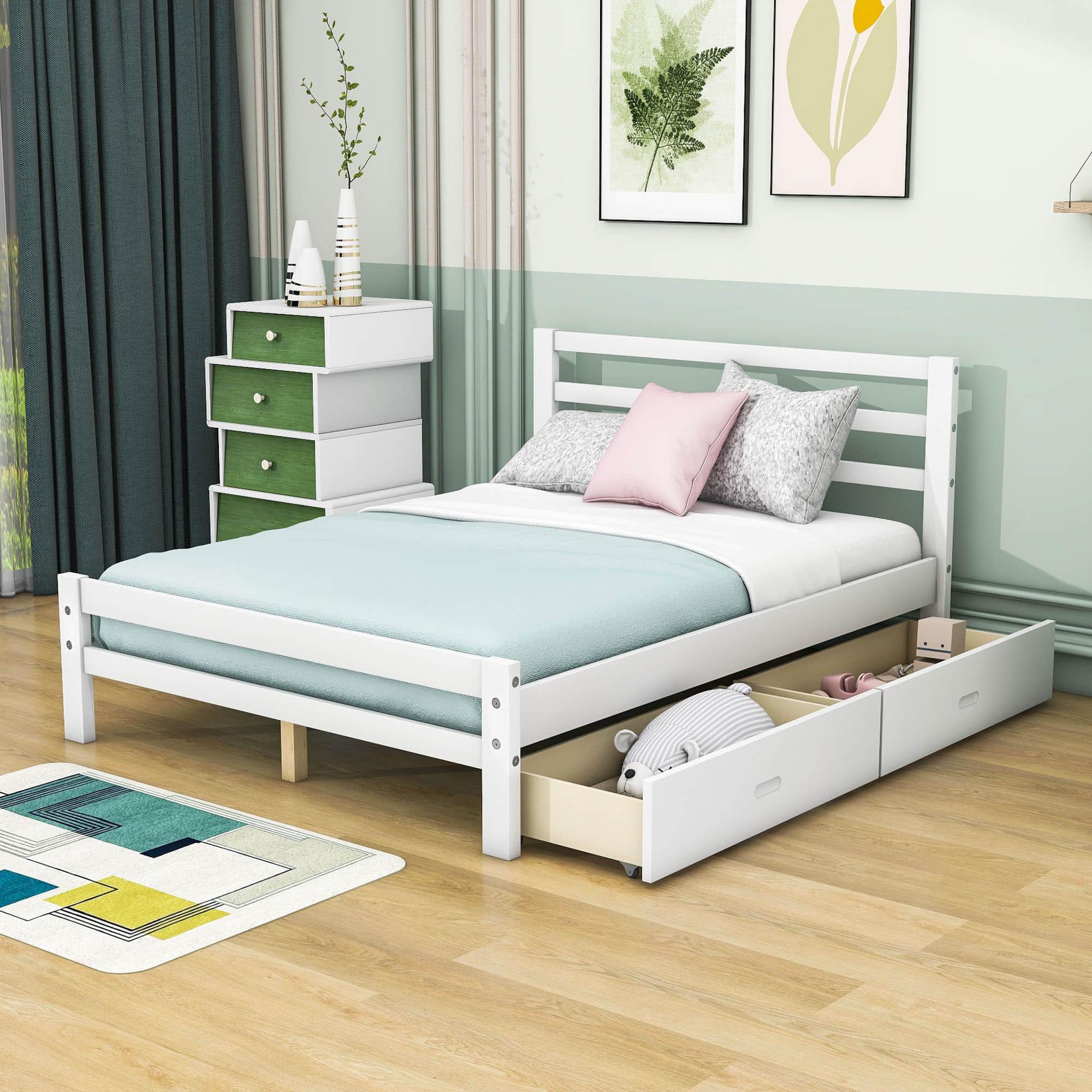 Full Size Wooden Platform Bed with Storage Drawers and Headboard