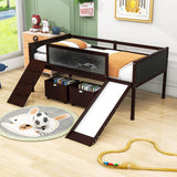 Low Kids Twin Loft Bed with Slide and Storage Boxes, Blackboard