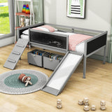 Low Kids Twin Loft Bed with Slide and Storage Boxes, Blackboard