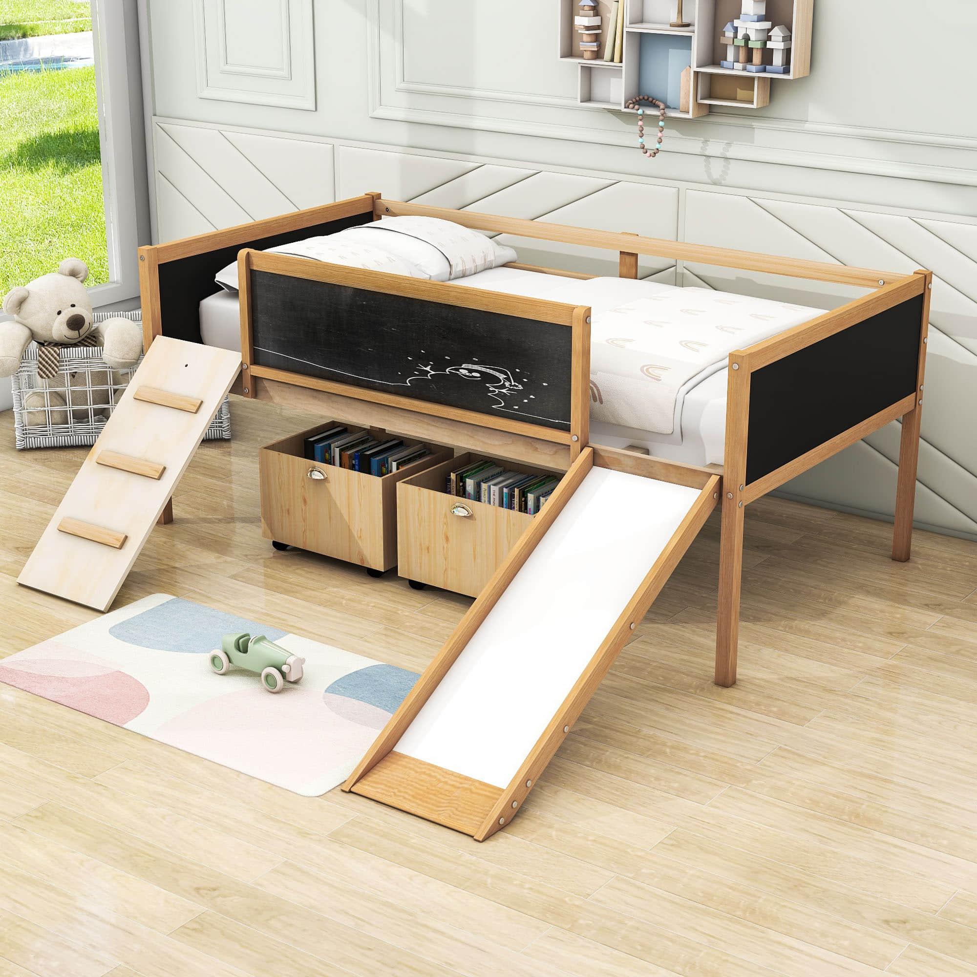 Low Kids Twin Loft Bed with Slide and Storage Boxes, Blackboard