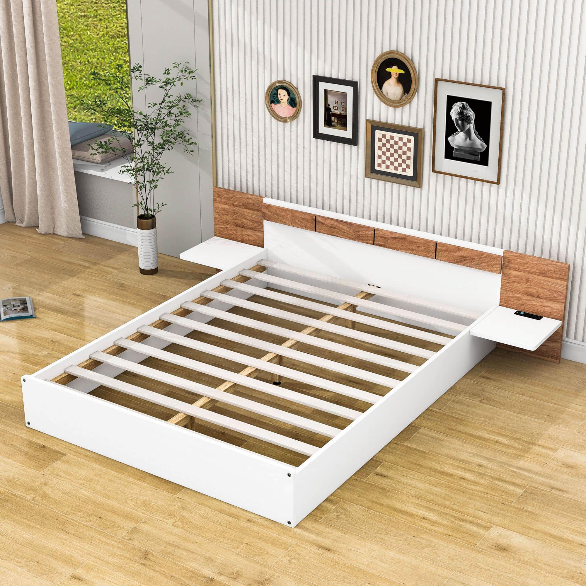 Wooden Smart Queen Size Platform Bed with Headboard and Storage - [USB Ports, Sockets]