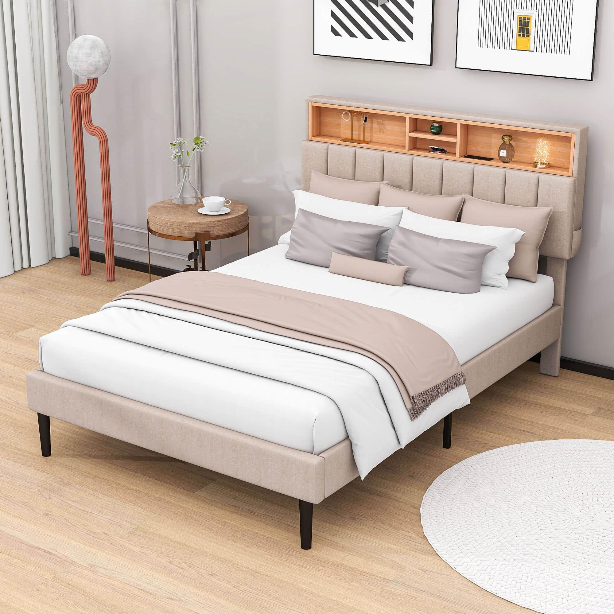 Mid-Century Modern Full Size Upholstered Platform Bed Frame with Storage