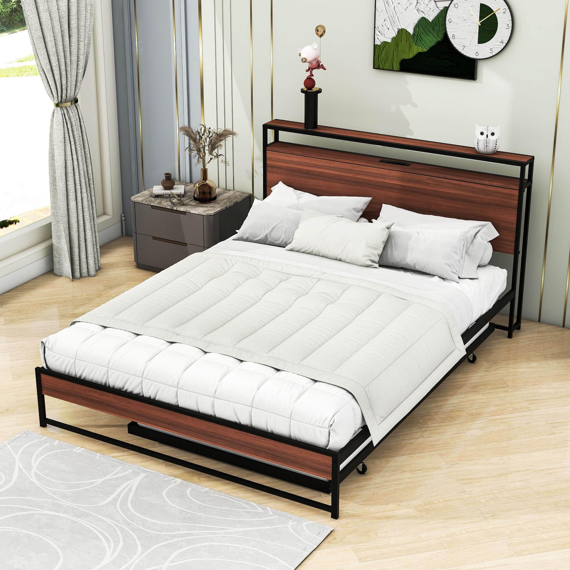 Metal Queen Size Smart Platform Bed with Twin Trundle Bed and Shelf Headboard