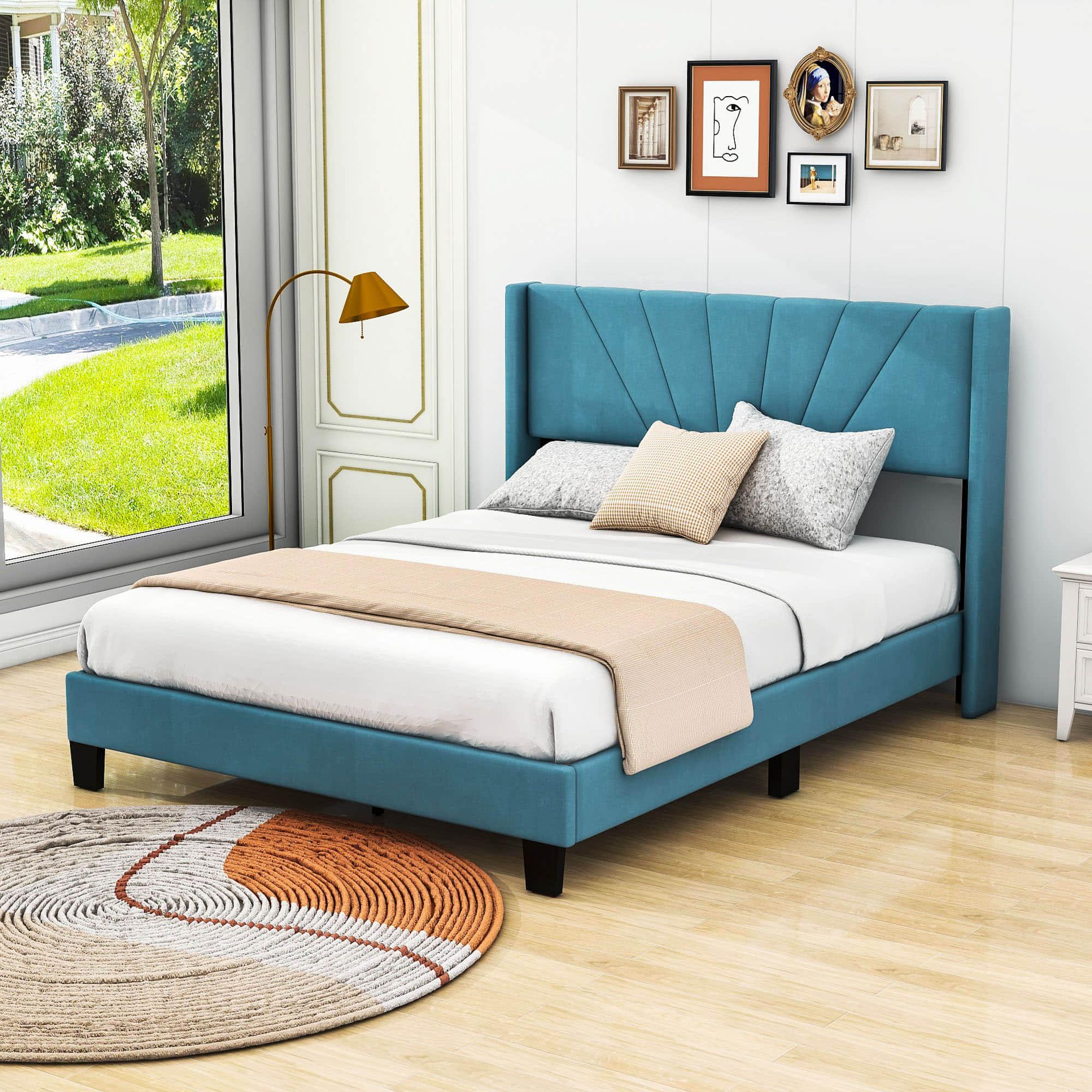 Queen Size Velvet Upholstered Platform Bed Frame with Headboard