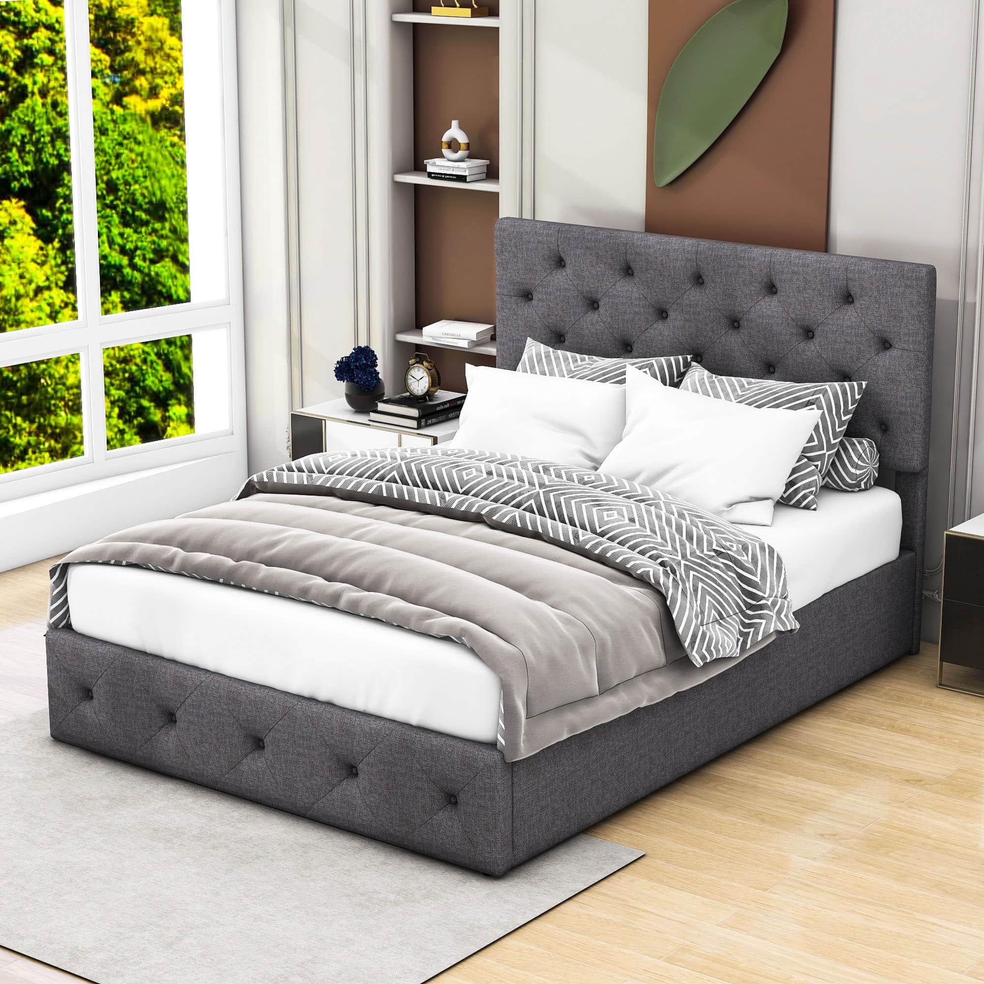 Full Linen Upholstered Platform Bed Frame with Headboard and Storage