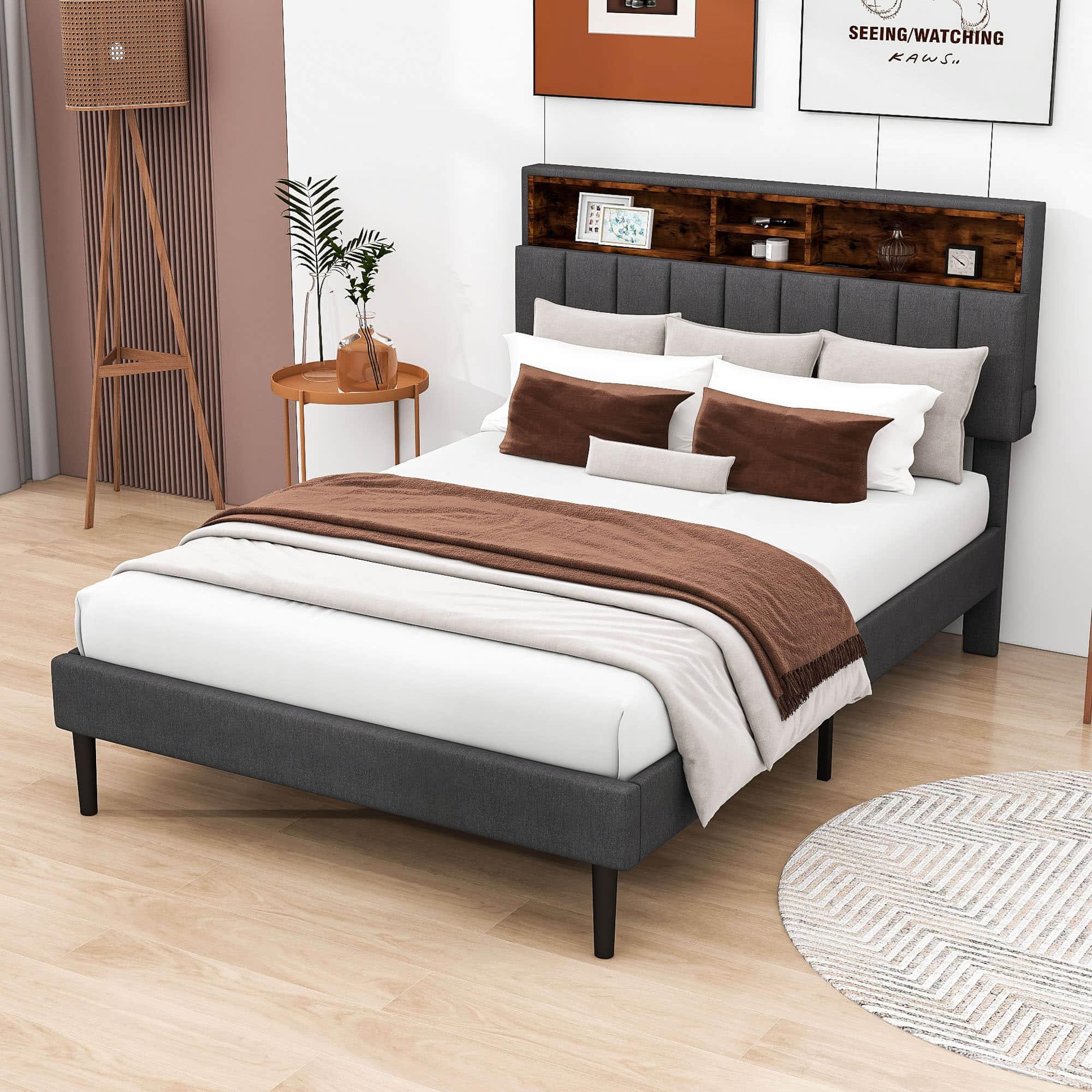 Mid-Century Modern Full Size Upholstered Platform Bed Frame with Storage