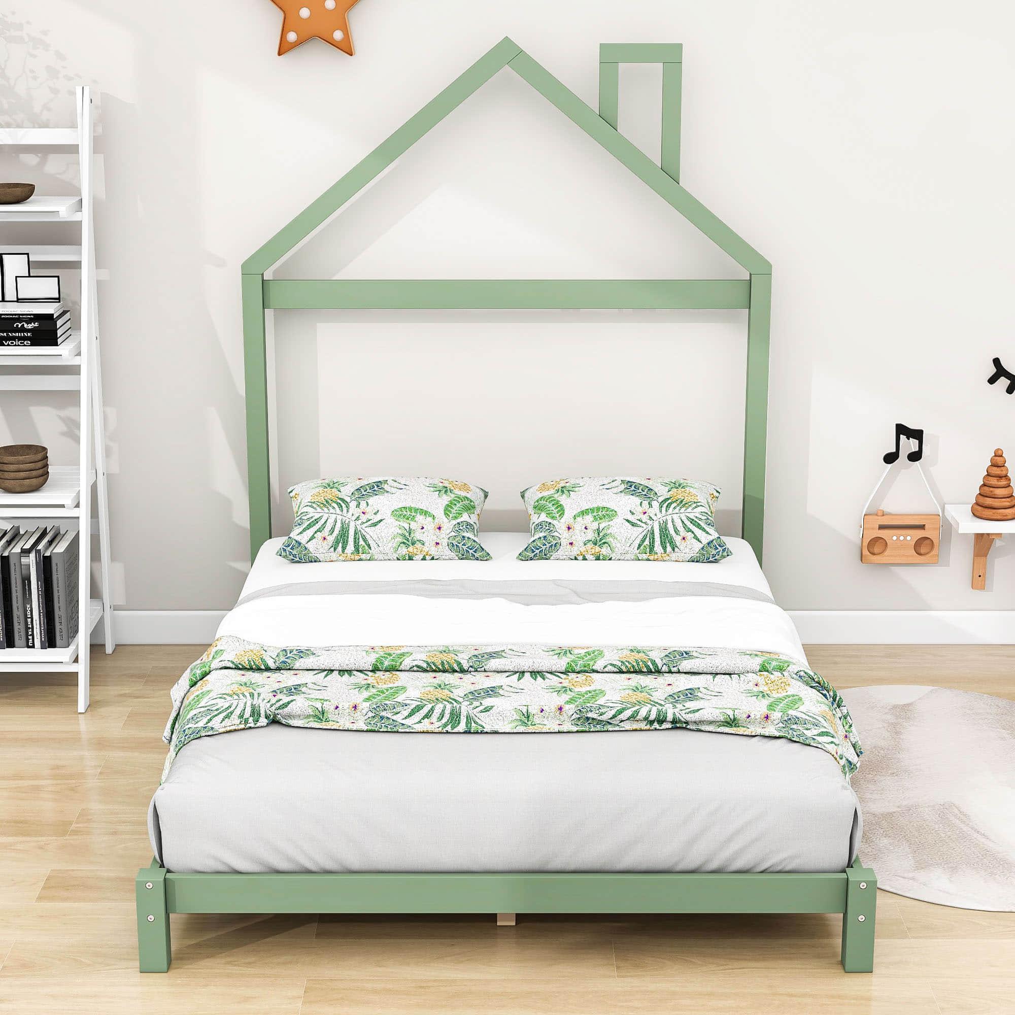 Low Full Size Wooden Toddler Bed with House-Shaped Headboard