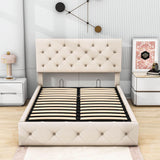 Full Linen Upholstered Platform Bed Frame with Headboard and Storage