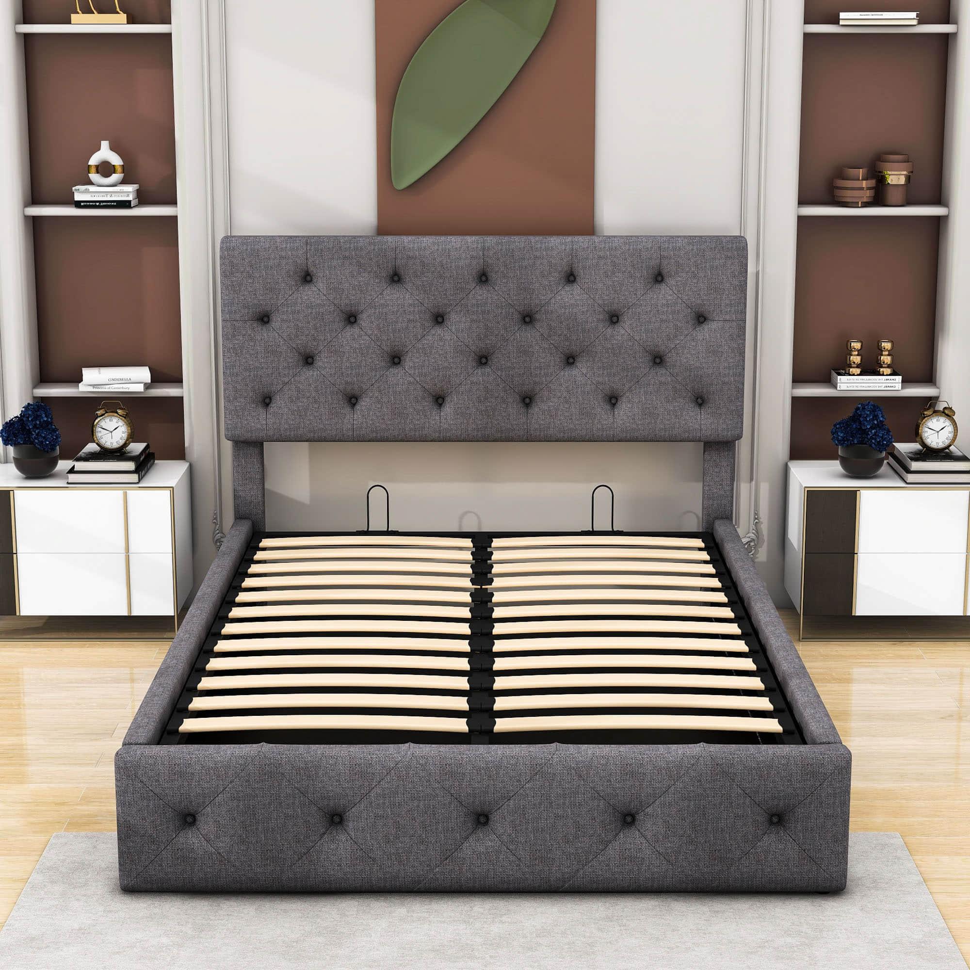 Full Linen Upholstered Platform Bed Frame with Headboard and Storage