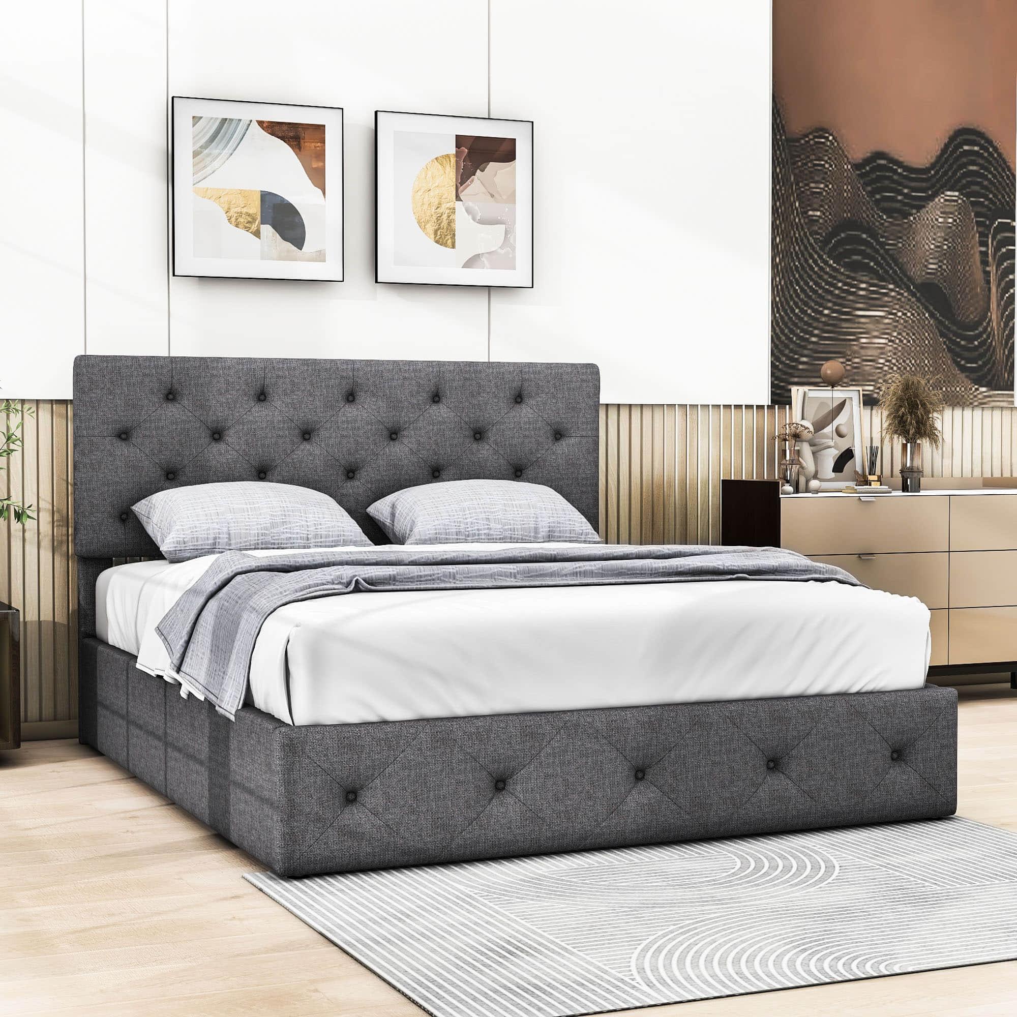 Queen Linen Upholstered Platform Bed Frame with Headboard and Storage