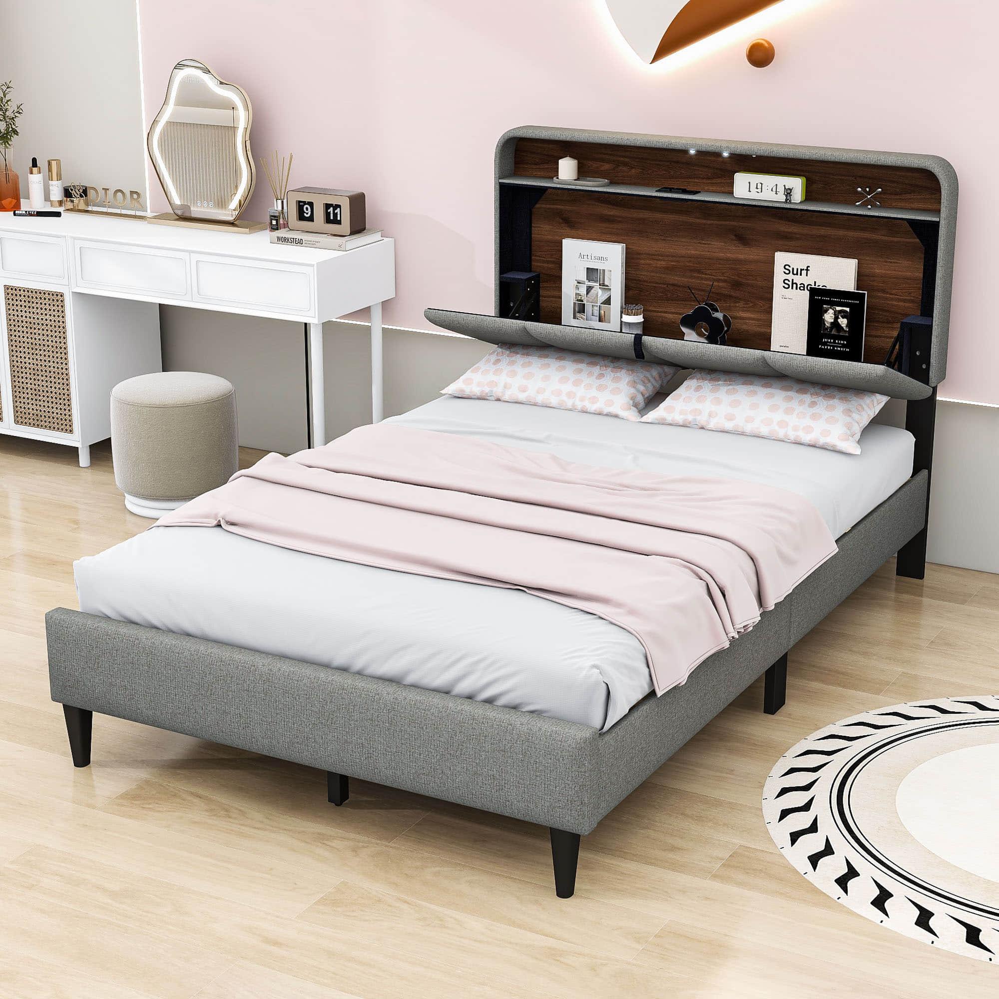 Smart Full Size Platform Upholstered Bed Frame with Storage Headboard