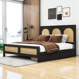 Queen Size Wood Platform Bed with Storage and Rattan Headboard