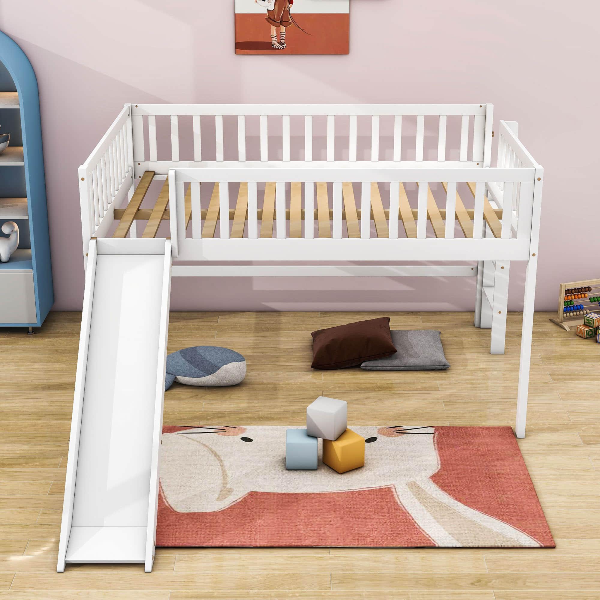 Full Size Low Loft Bed with Slide for Kids Toddler - [Wooden, Fun]