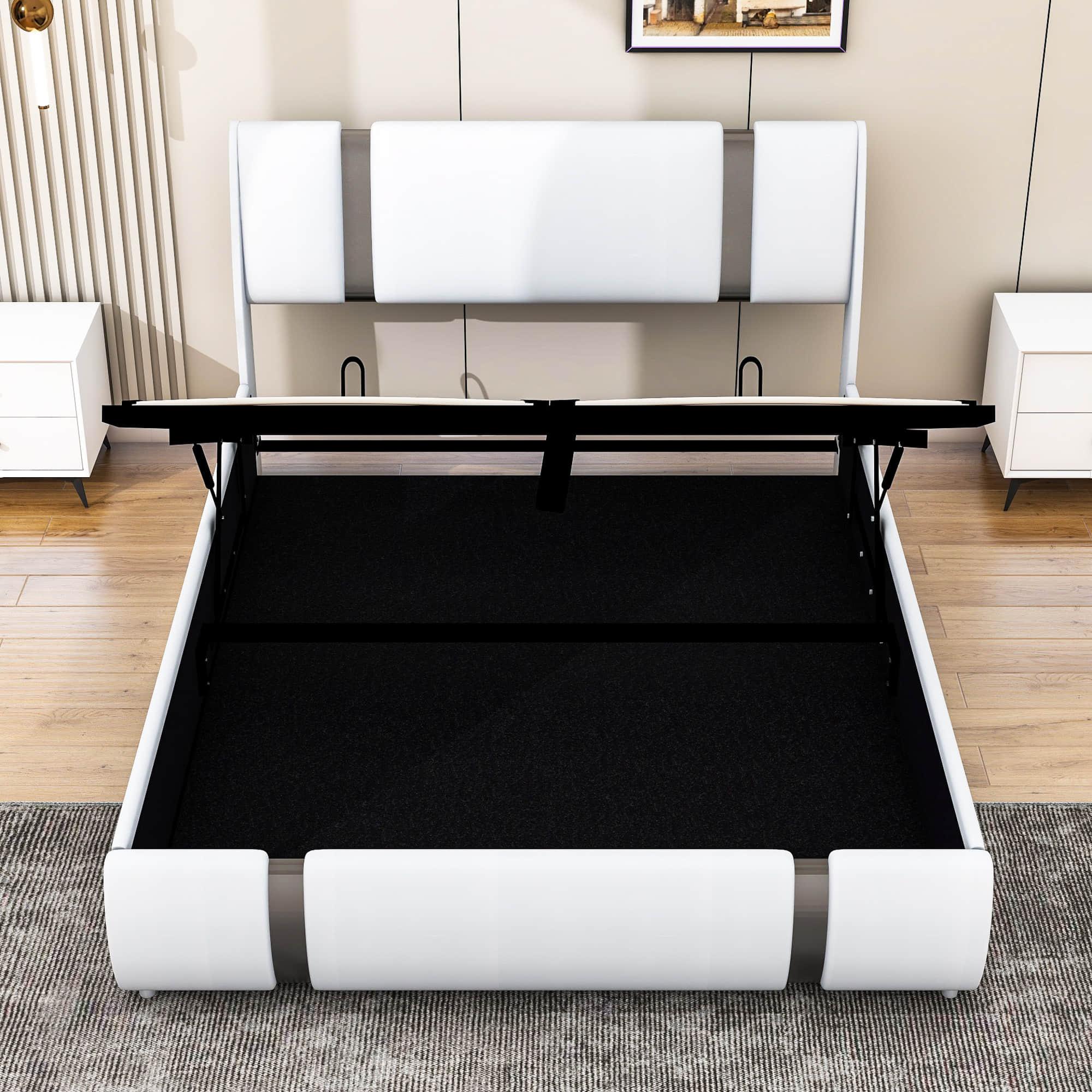 PU Leather Queen Size Upholstered Platform Bed Frame - [Hydraulic Storage System]