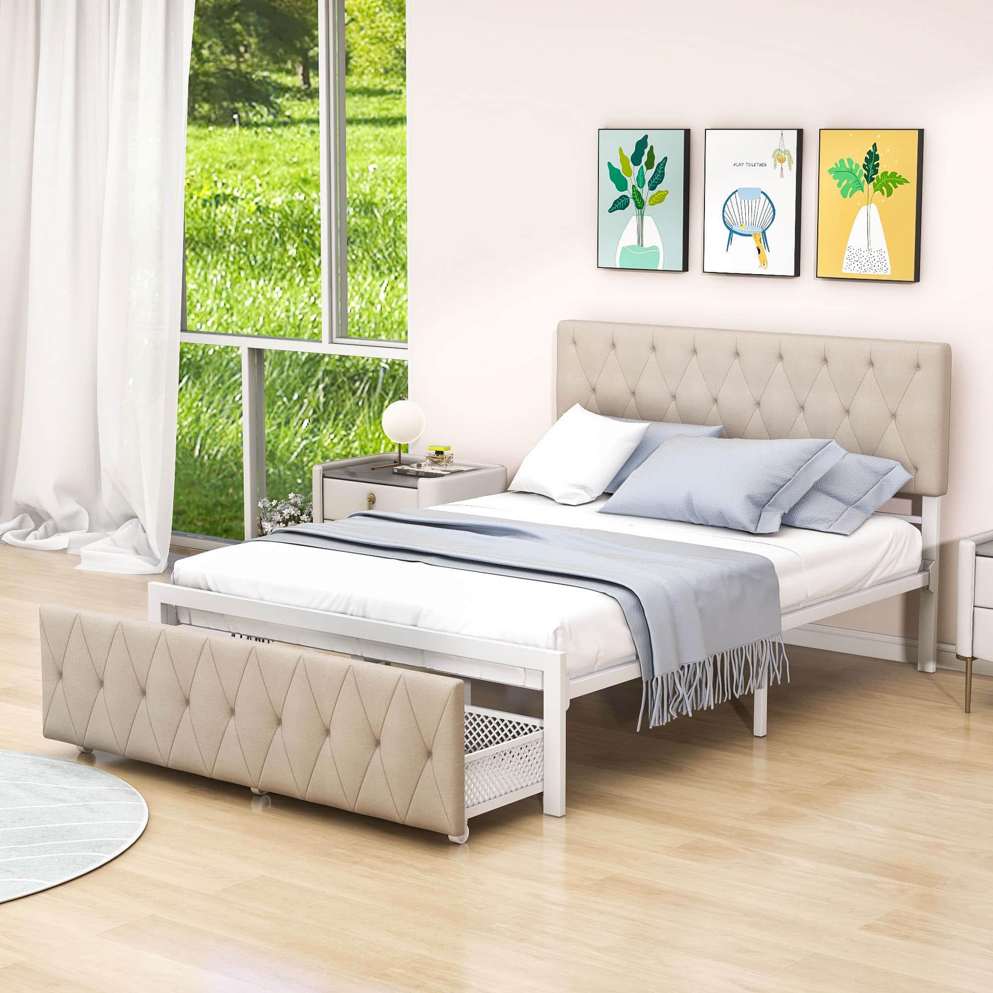 Metal Full Size Upholstered Storage Bed with Headboard and Drawers