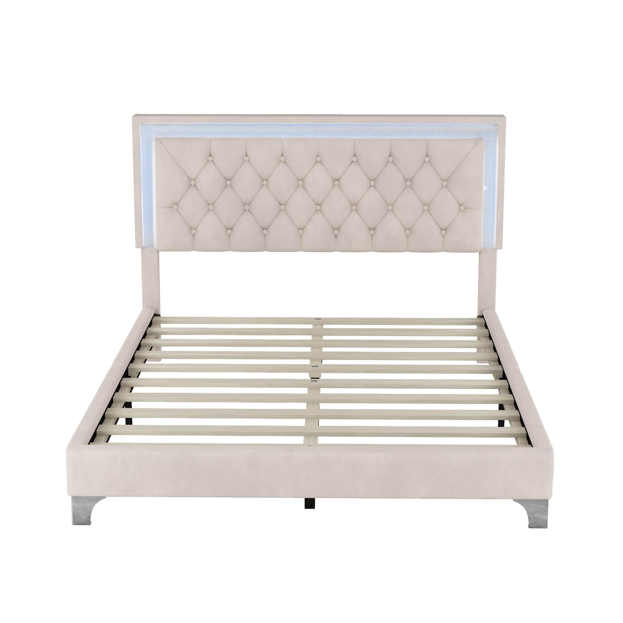 Modern Queen Size Upholstered Bed Frame with LED Lights and Headboard